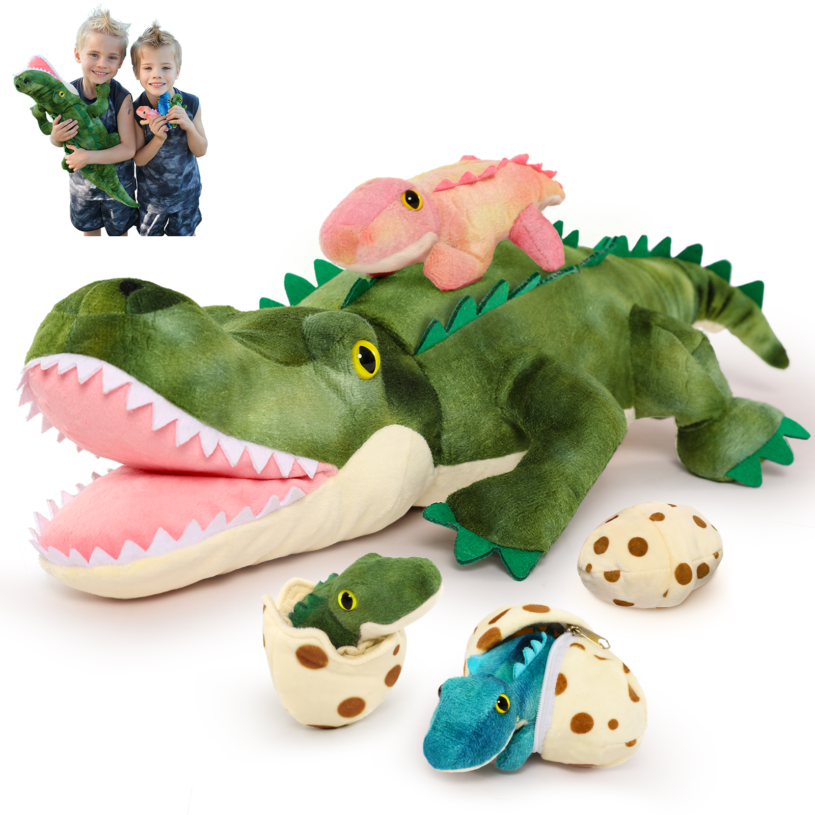 thumbnail video image 2 of MorisMos 24" Interactive Crocodile Family Plush Toy Set, Alligator Stuffed Animal Mommy with 3 Babies and 3 Eggs, 2 of 8