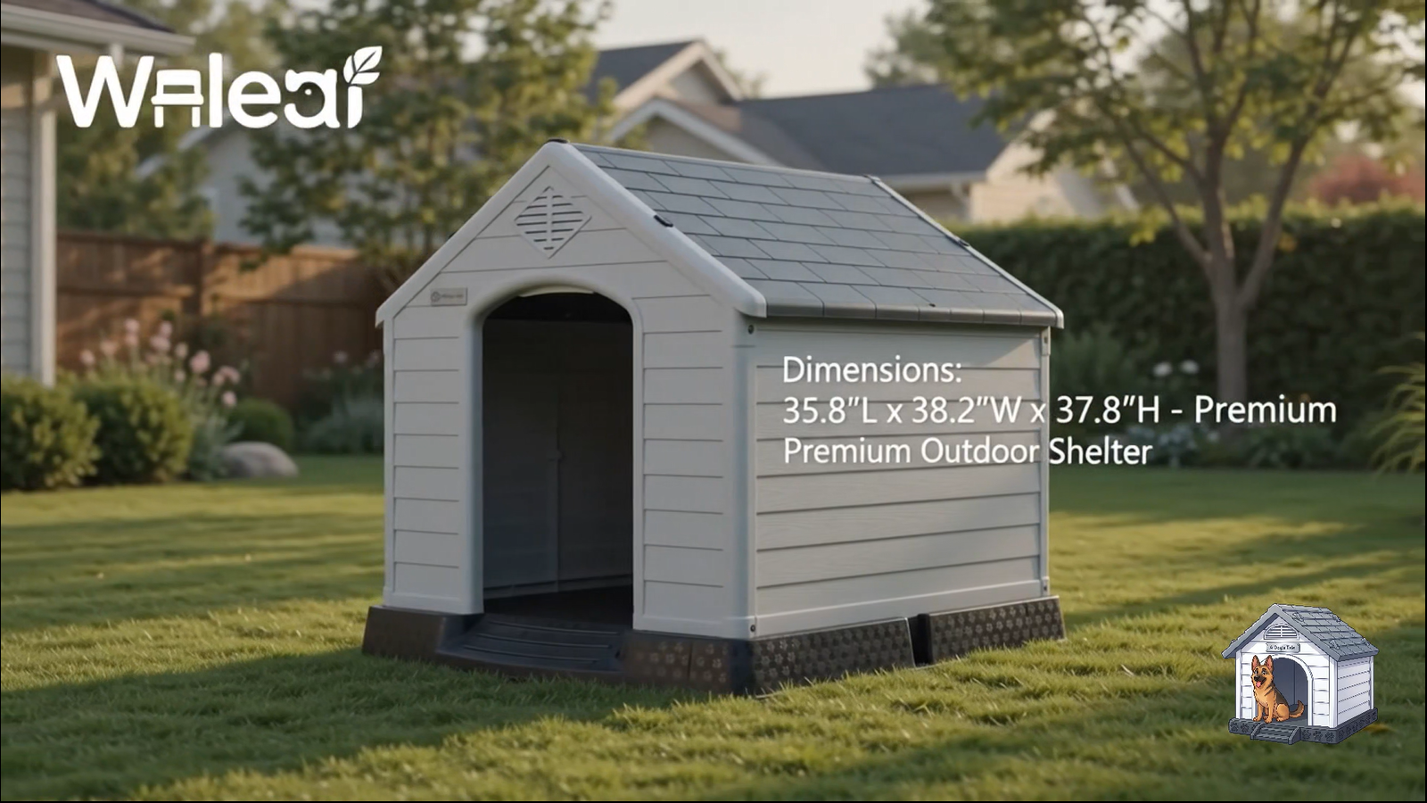 thumbnail video image 2 of Waleaf Durable Waterproof Plastic Dog House for Small to Large Sized Dogs, Indoor Outdoor Doghouse with Elevated Floor, 2 of 10