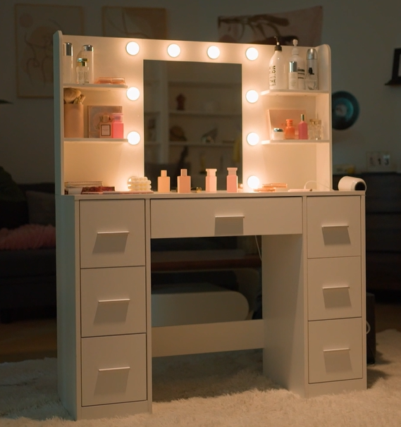 thumbnail video image 2 of Furmax Makeup Vanity with Mirror and Drawers Vanity Desk Set with 3 Modes Adjustable Brightness Lights and USB Power Outlet, White, 2 of 8