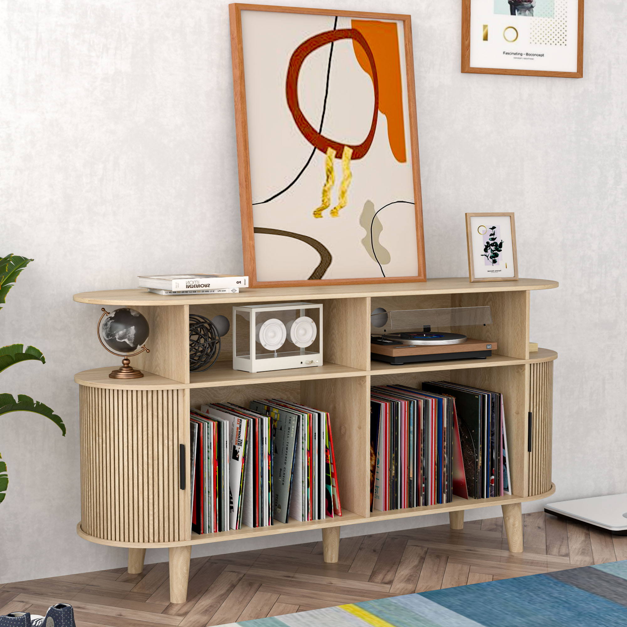 Lisicues Mid-Century Modern Record Player Stand, Large Vinyl Record ...