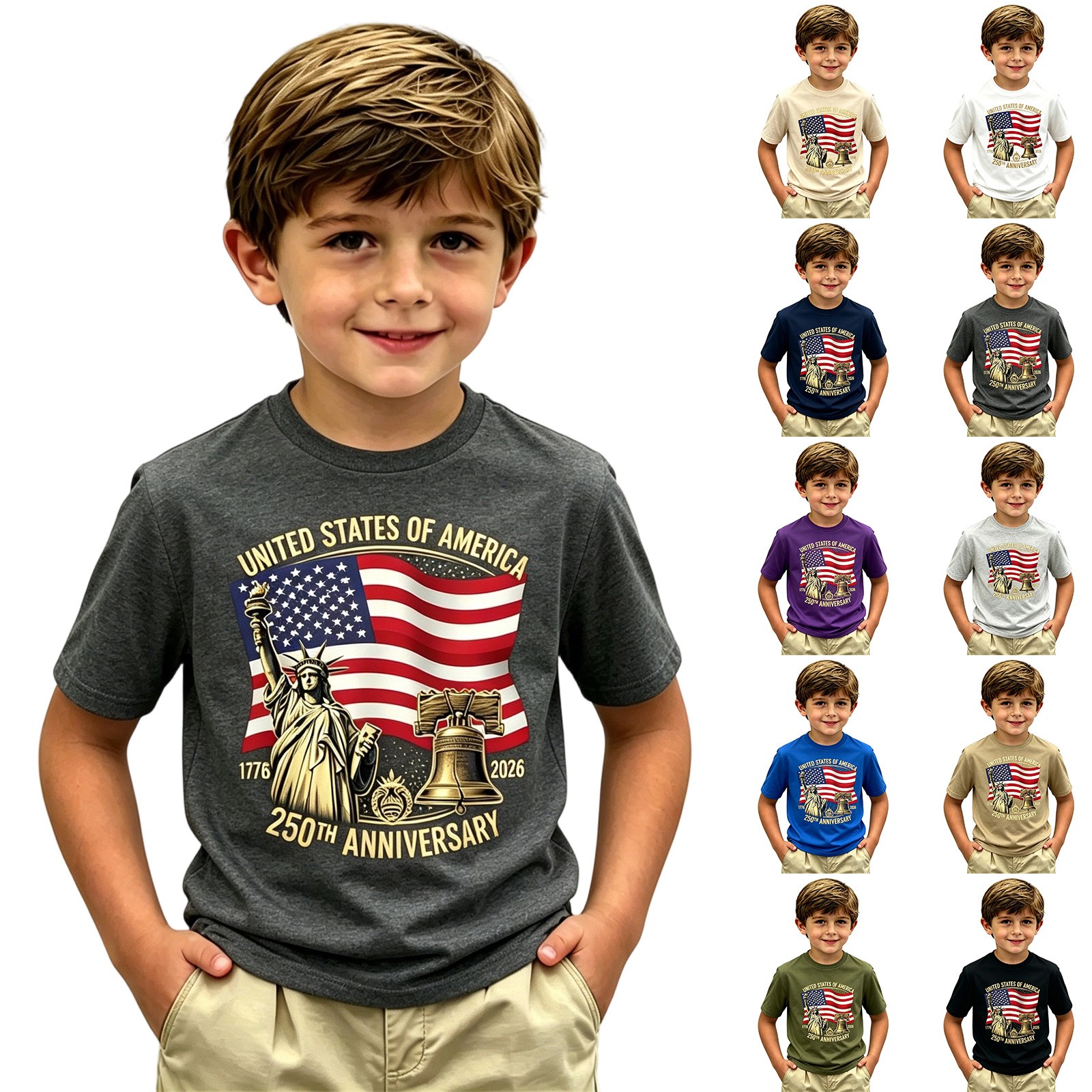 thumbnail video image 2 of XINPING 250 Years American Flag T-Shirt for Kids, Patriotic Graphic Crew Neck Short Sleeved Fashionable 4th of July Summer Celebration Top for Boys and Girls, 2 of 6