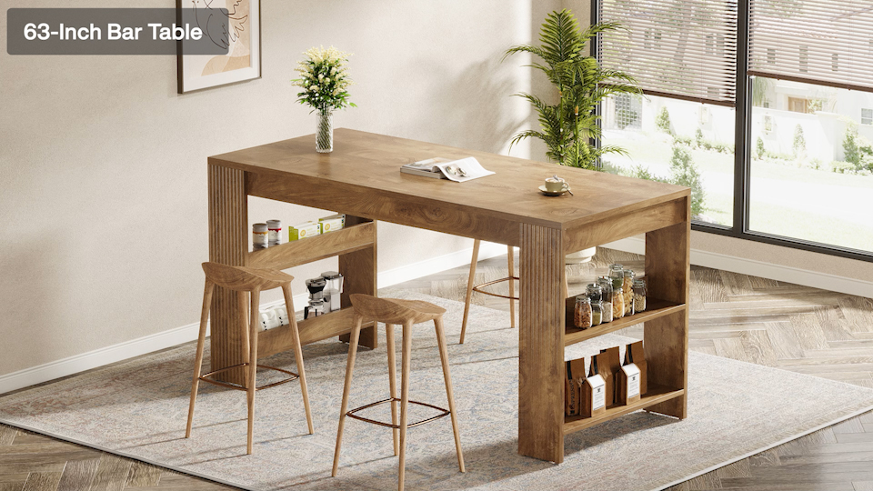thumbnail video image 2 of Finmind 63-inch Bar Table, Farmhouse Counter Height Pub Table with Storage Shelves, High Top Bar Unit for Kitchen, Dining Room, Rustic Brown, 2 of 9