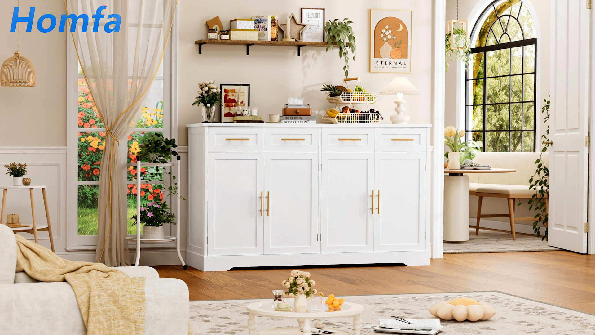 thumbnail video image 2 of Homfa Modern Buffet Cabinet with 4 Drawers and 4 Doors, 59" W Sideboard Buffet Storage Cabinet with Shelves, for Kitchen Living Room Bedroom, White, 2 of 9