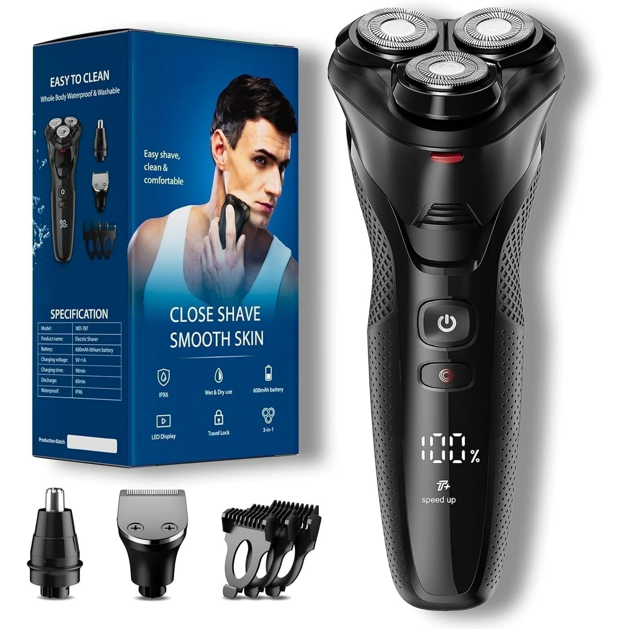 thumbnail video image 2 of Nogroa Electric Shavers for Men, 3 in 1 Cordless Razor Waterproof Wet Dry Adjustable Speeds Beard Trimmer Grooming Kit with Nose Hair Trimmer, Sideburns Trimmer, 2 of 8