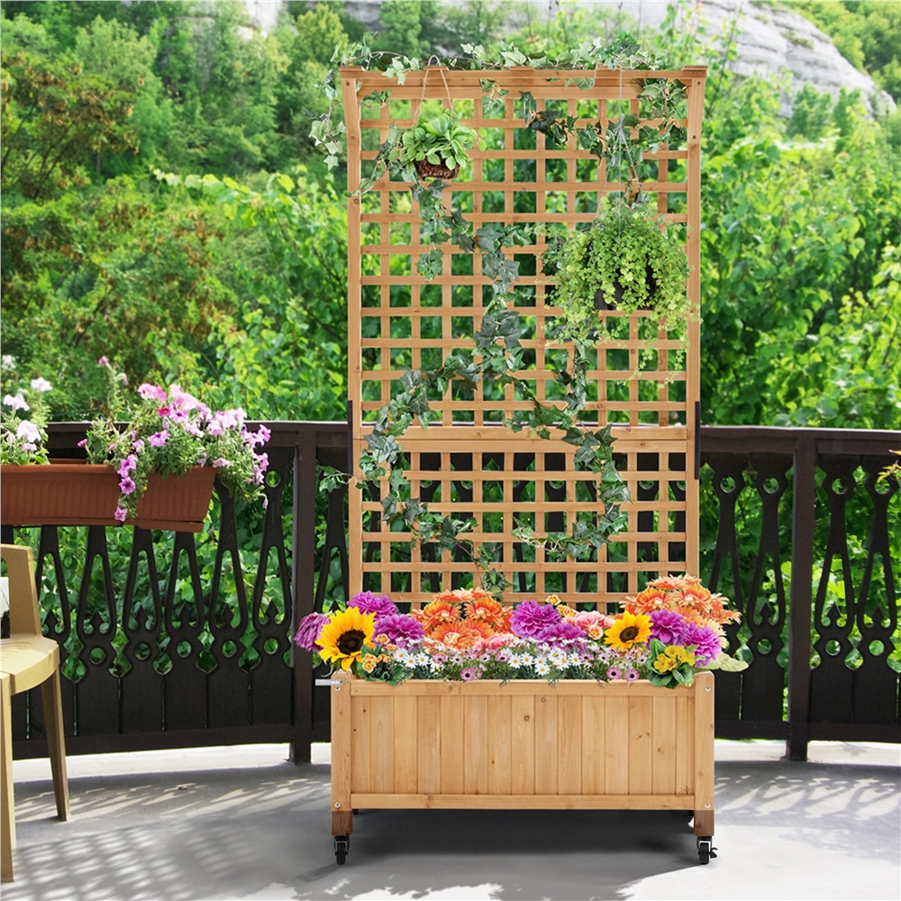thumbnail video image 2 of Alden Design 75" H Wood Planter Raised Bed with Trellis Planter Box for Plants, Light Brown, 2 of 8