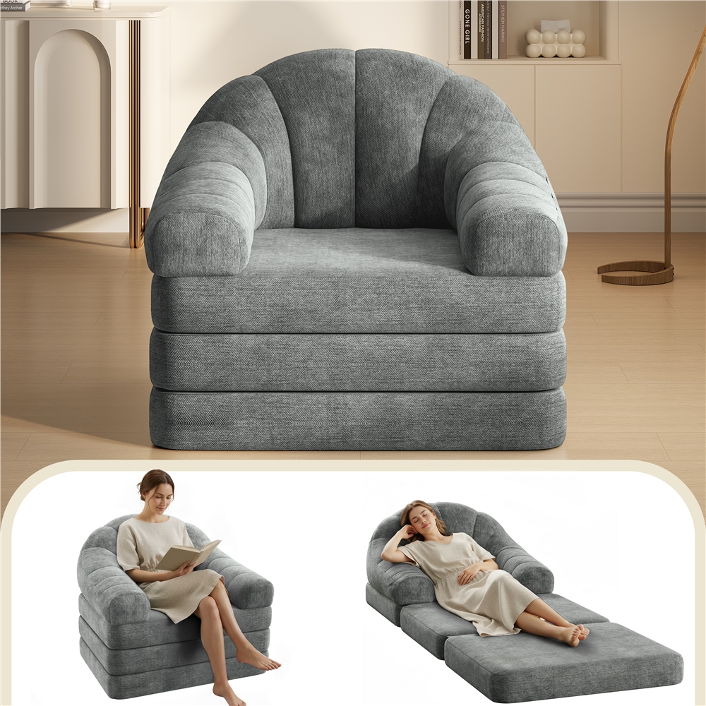 thumbnail video image 2 of Renwick 2-in-1 Convertible Chair Bed Folding Sleep Chair Chenille Couch with Armrests Plush Bean Bag Chair for Living Room, Gray, 2 of 10