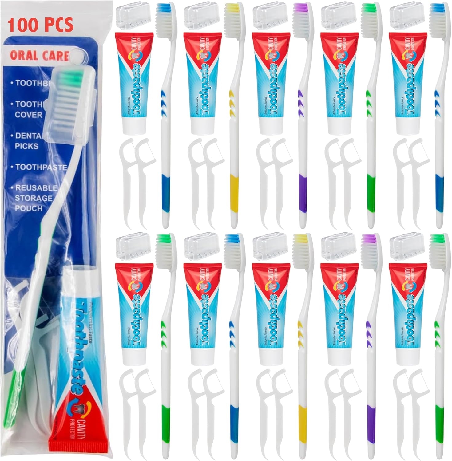 thumbnail video image 2 of 100 Pack of Bulk Wholesale 5 Piece Travel Size Oral Hygiene Dental Kits Containing Toothbrush, Toothpaste, Toothbrush Cover, Dental Floss Picks and Reusable Pouch Each for Homeless & Charity Donation, 2 of 9