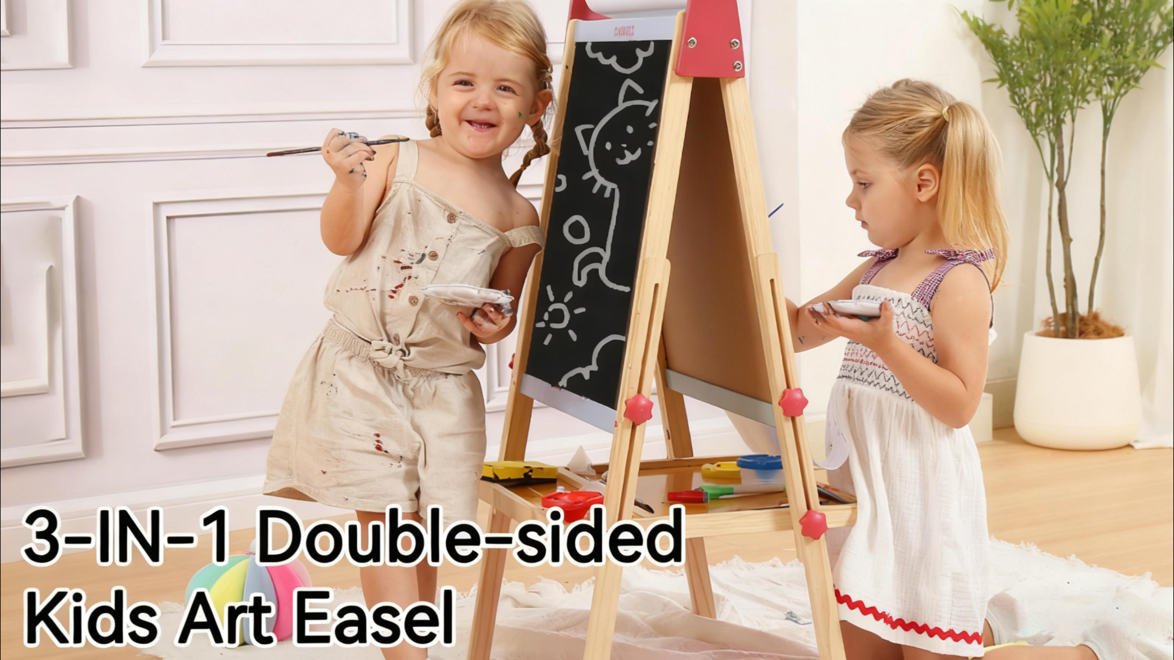 thumbnail video image 2 of Kids Easel with Paper Roll, 3-in-1 Art Easel Adjustable Magnetic Whiteboard Chalkboard Drawing Board Wooden Children Art Stand for 3~12 Years, 2 of 12