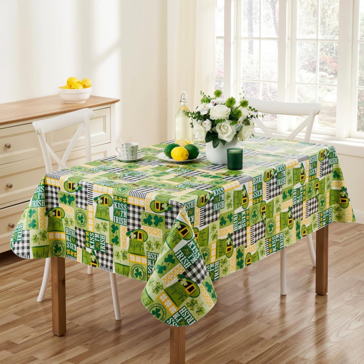 thumbnail video image 2 of Serafina Home St. Patrick's Day Irish Vinyl Flannel Backed Tablecloth for Dining Room Kitchen Table Decor: St. Pat's Lucky Shamrock Clovers Green White Yellow Gold St. Pats Patchwork 52" x 102", 2 of 14