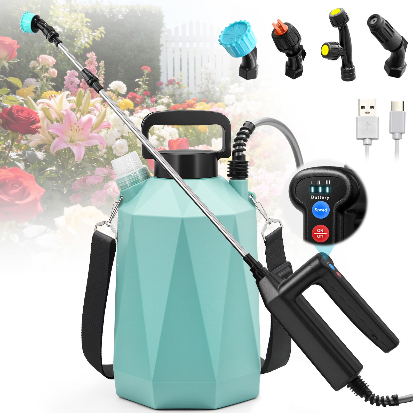 thumbnail video image 2 of SYLMAX Battery Powered Sprayer, 1.35 Gallon Electric Garden Sprayer with 3 Adjustable Pressures & 4 Nozzles, Battery Indicator Rechargeable Handle & Telescopic Wand for Lawn and Plant Care, 2 of 9