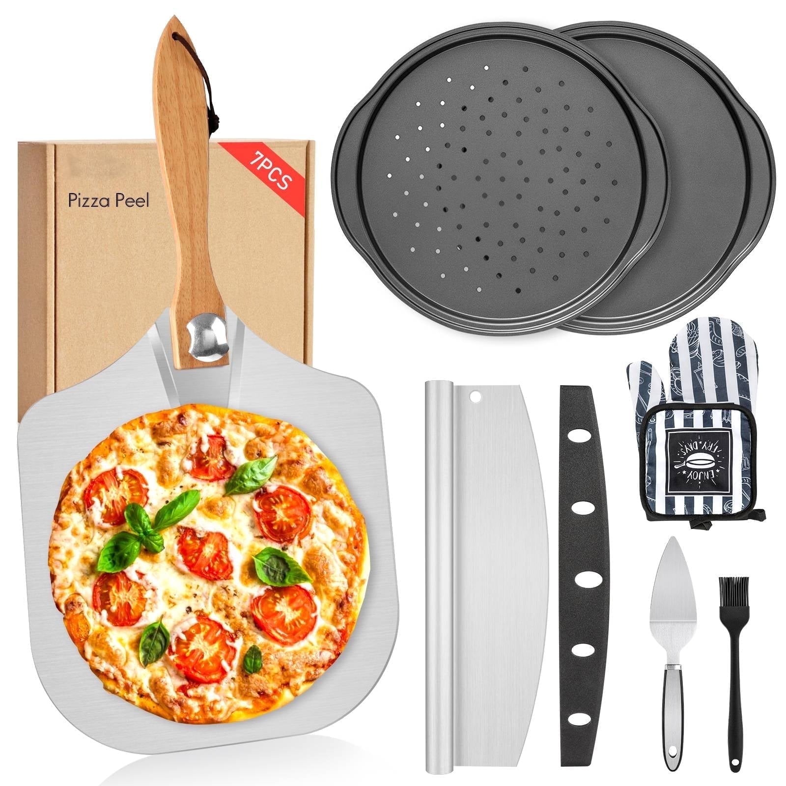 thumbnail video image 2 of Foldable Pizza Peel Baking Pan Set, AOKIWO 7 Pcs Aluminum Pizza Paddle(12"x 14") with Wooden Handle, Rocker Cutter and Oven Pan Accessories for Oven Baking, 2 of 11