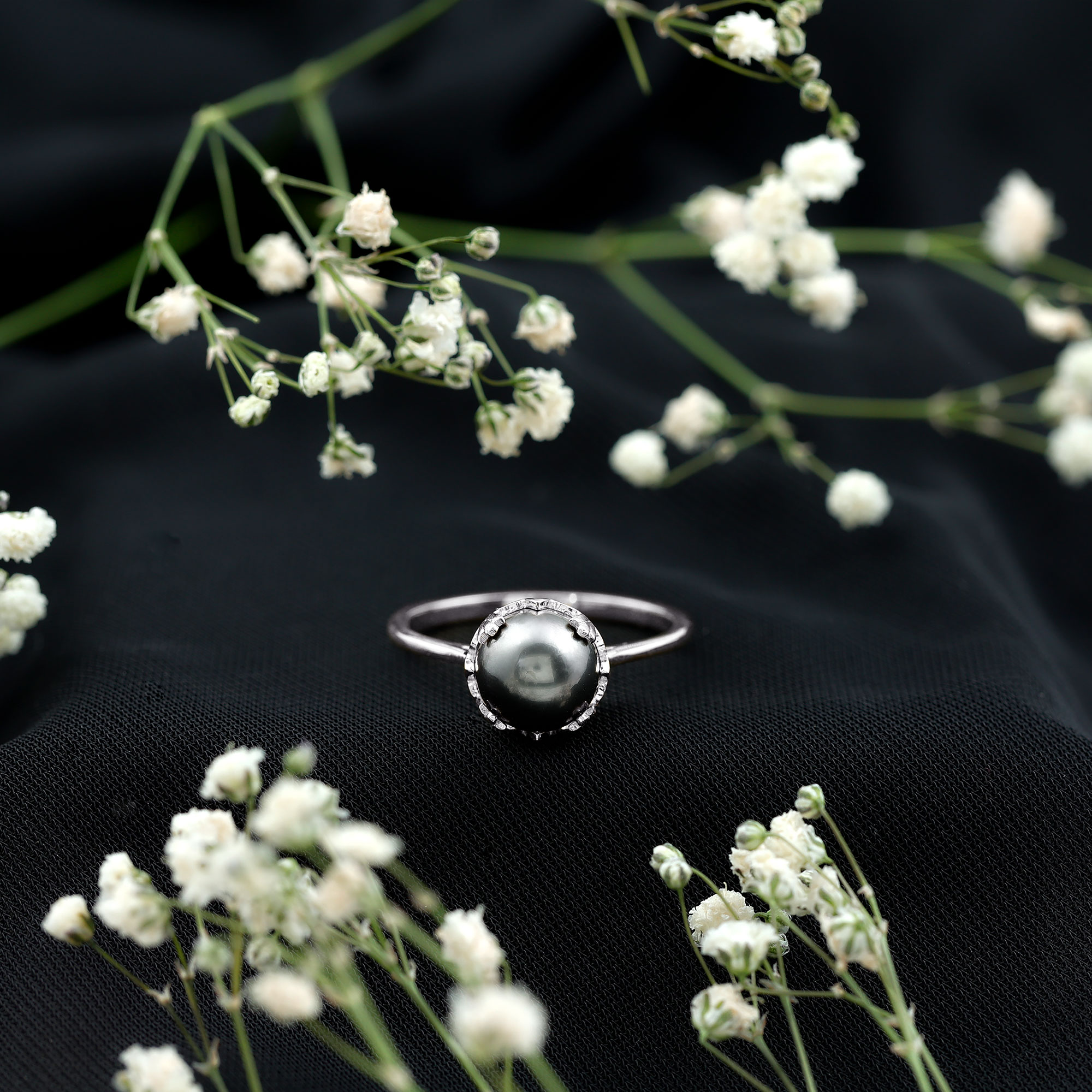 thumbnail video image 2 of Rosec Jewels Genuine Black Tahitian Pearl Solitaire Ring for Women - Nature Inspired Ring - 8 mm - AAA Quality - With Jewelry Box, 10K White Gold, US 7.00, 2 of 7