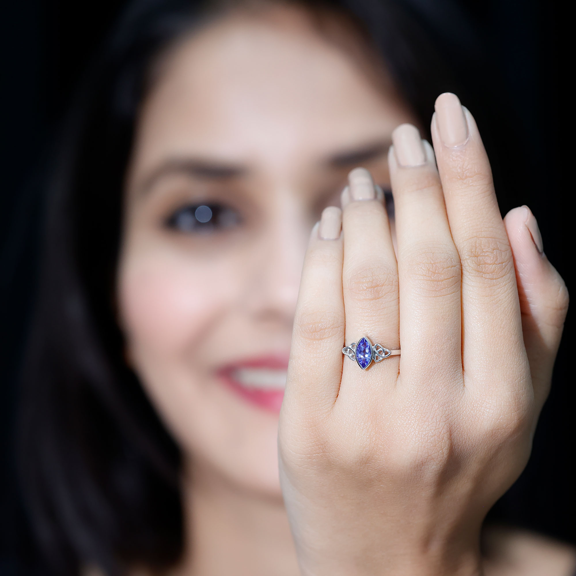 thumbnail video image 2 of Rosec Jewels Natural Tanzanite Promise Ring for Women - Celtic Knot Ring (4X8 mm, AAA Quality, 1/2 Carat) - Ready to Gift, 14K Yellow Gold, US 9.00, 2 of 8