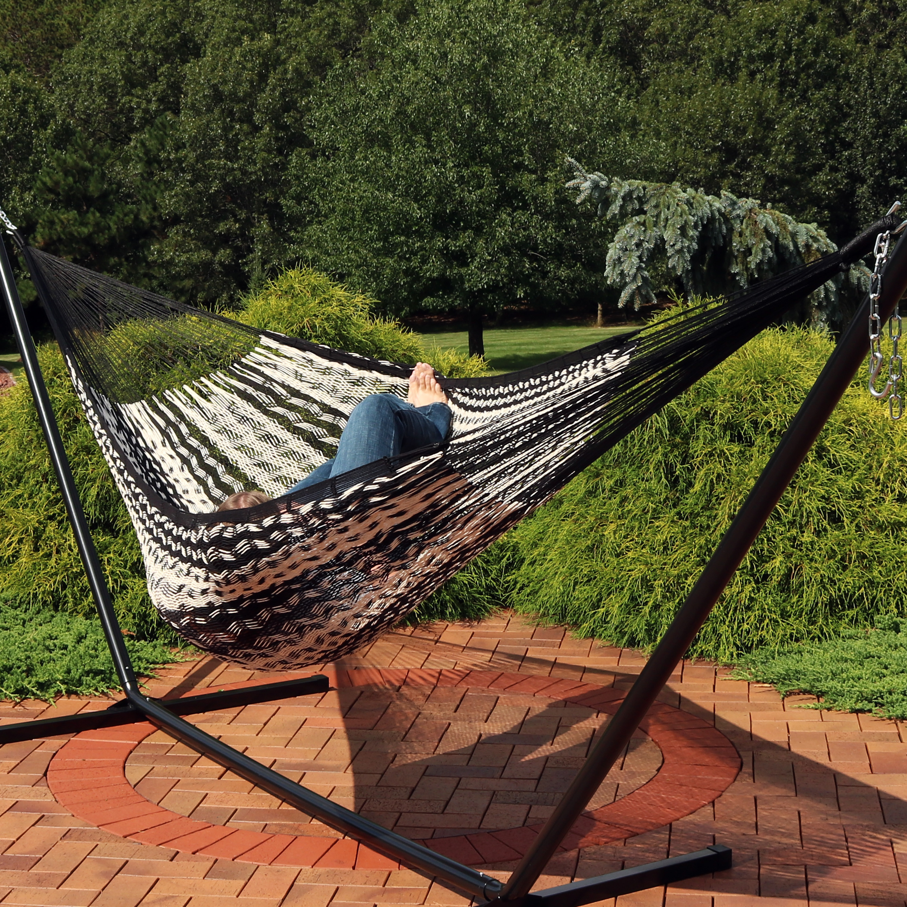 thumbnail video image 2 of Sunnydaze 2-Person Cotton and Nylon Mayan Family Hammock, 625 lb Capacity - Natural, 2 of 13