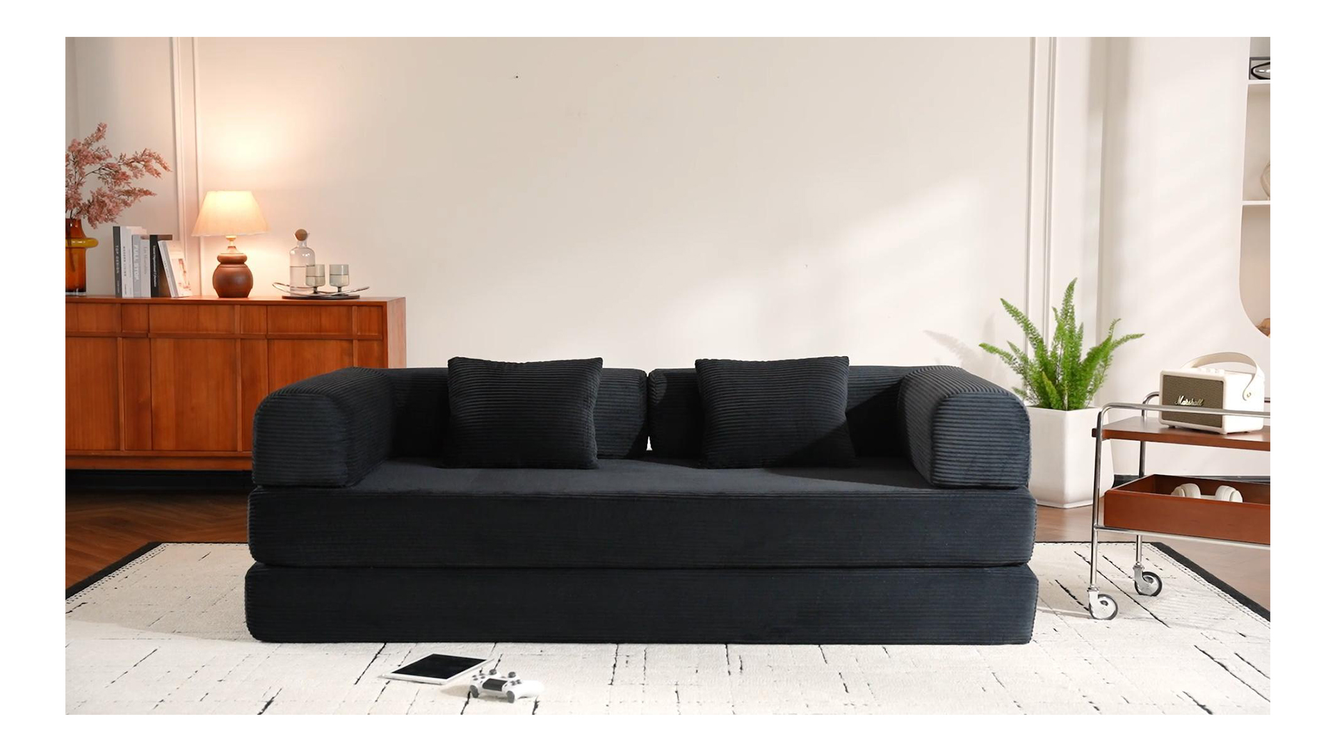 thumbnail video image 2 of Soft corduroy 5-in-1 sofa bed, 79 inch boneless sofa with fixed frame, foldable modular sofa bed, suitable for small spaces, apartments, living rooms, 2 of 9