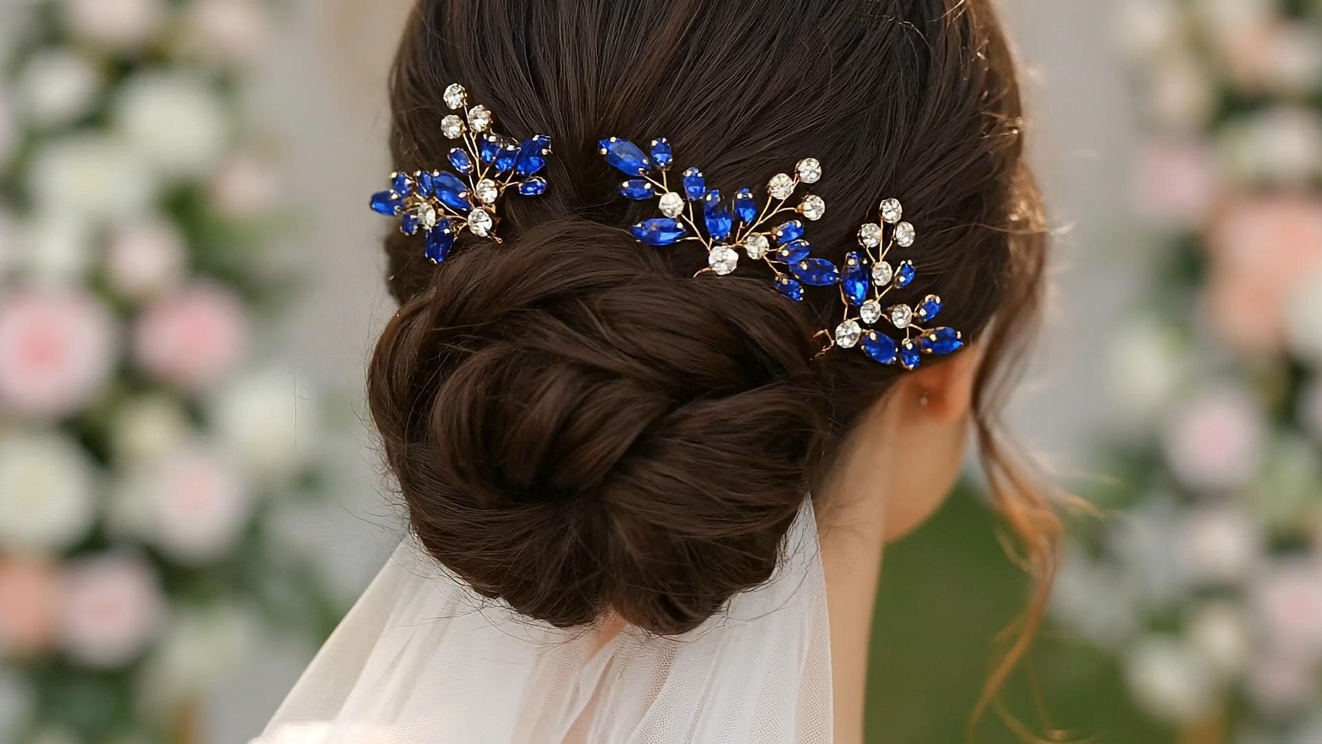 thumbnail video image 2 of Miallo Elegant Gold Hair Pin Set with Blue Rhinestone, 3 Count Shimmering Marquise Crystal Leaf Branch Bobby Pins for Brides and Bridesmaids, 2 of 7
