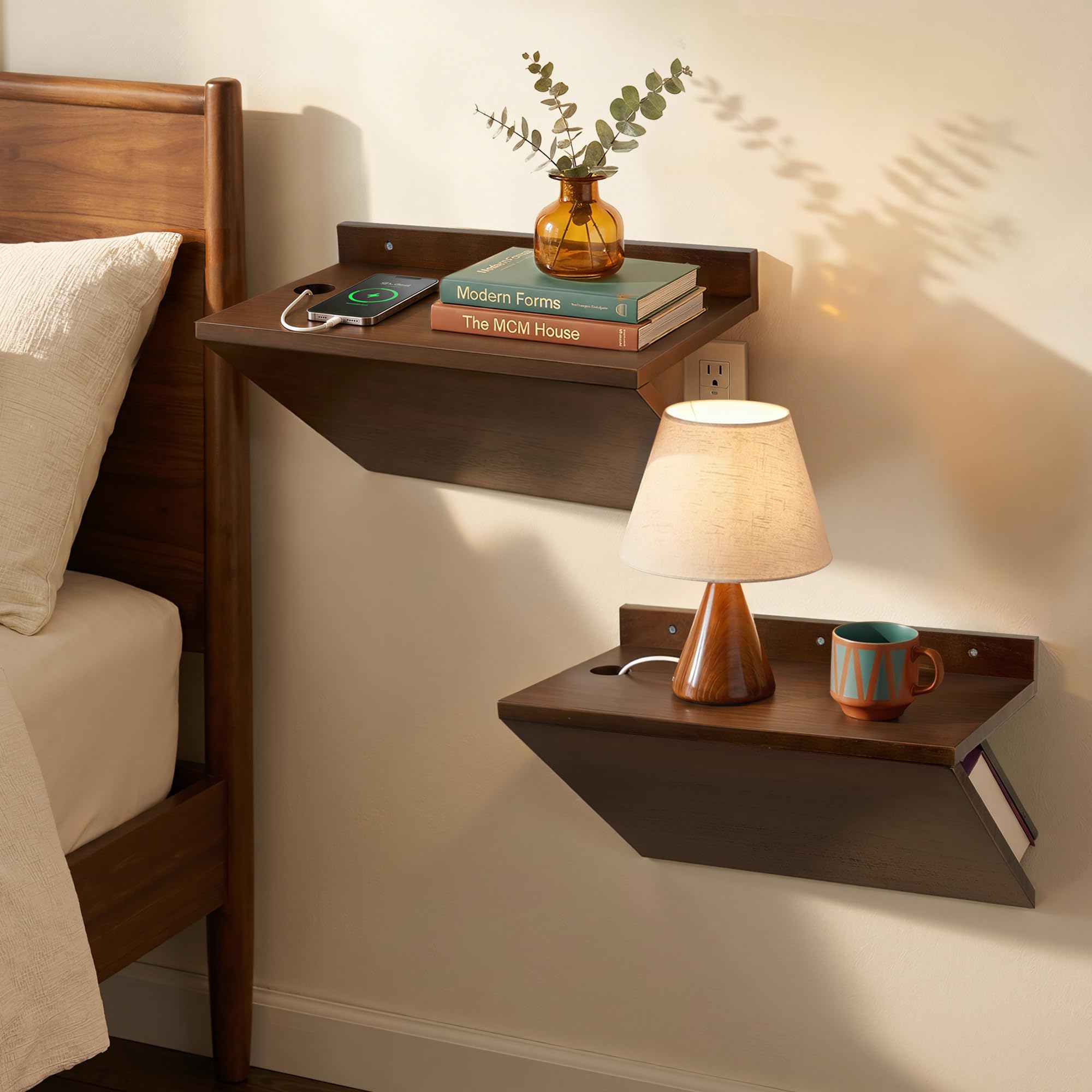 thumbnail video image 2 of Gronda Floating Nightstand Set of 2, Walnut Z-Shape Bedside End Table Wall Mounted, Mid Century Modern Wood Hanging Shelf for Bedroom Small Space Storage, 2 of 10