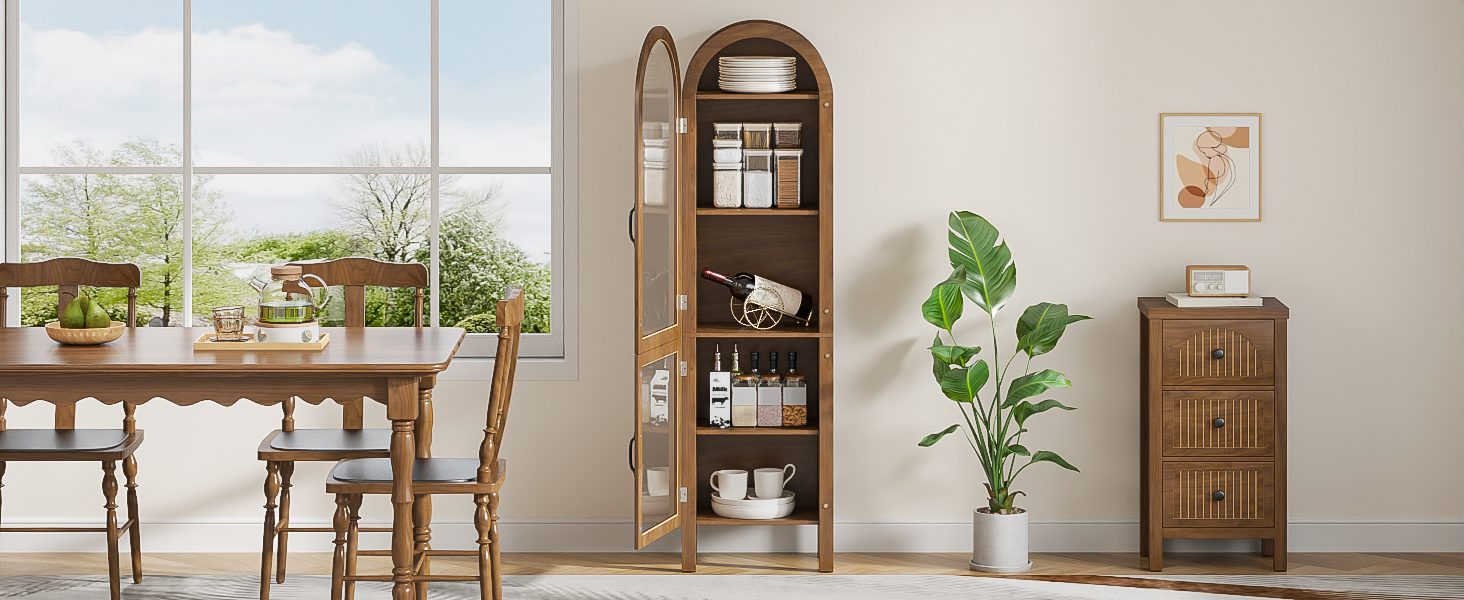 thumbnail video image 2 of Tall Arched Storage Display Cabinet 5-Shelf with Acrylic Glass Doors, Kitchen Pantry Storage Cabinet Accent Cabinet Bookcase for Living Dining Room, 2 of 7