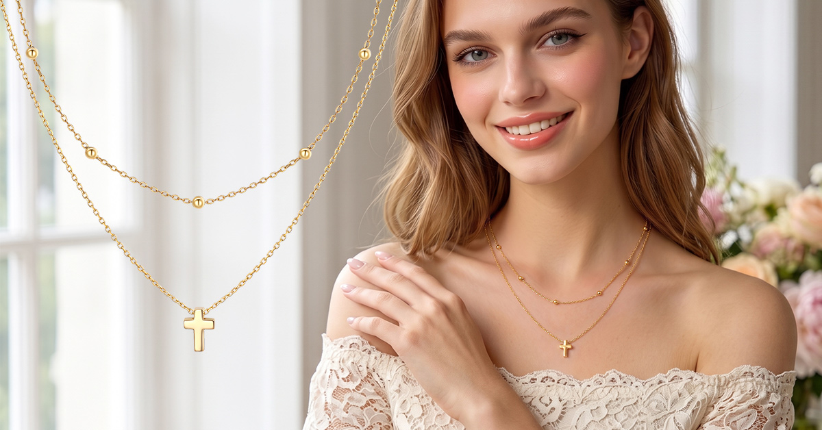 thumbnail video image 2 of KeyStyle Cross Necklace for Women,Double Layered Cross Pendant 14K Gold Plated over Copper Christmas Easter Christian Jewelry Gifts, 2 of 10
