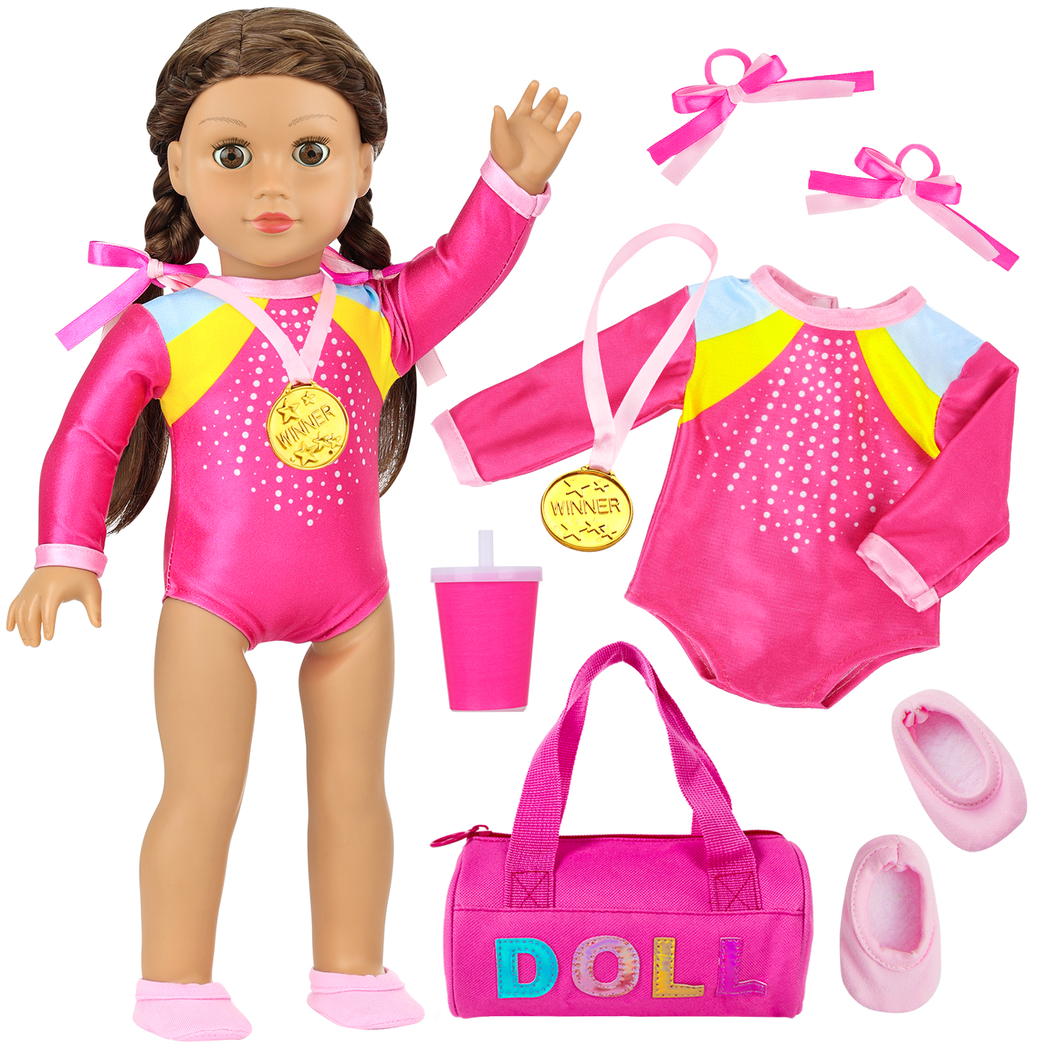 thumbnail video image 2 of ZITA ELEMENT 18 Inch Doll Clothes Accessories Set - Doll Gymnastics Pink Leotard, Shoes, Gym Bag, Medal, Water Bottle & Hair Accessories for 18" Dolls  (No Doll), 2 of 7
