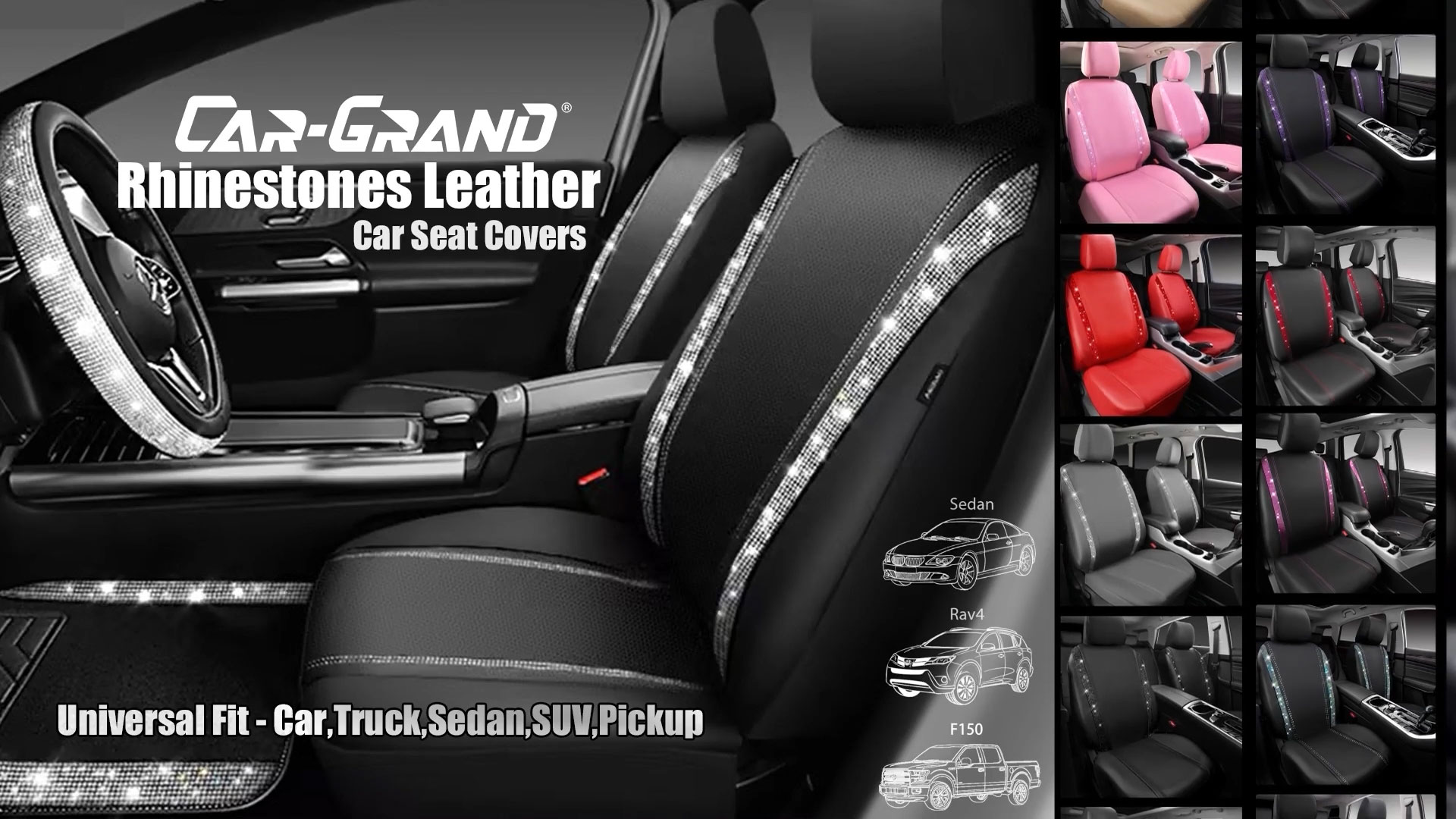 thumbnail video image 2 of CAR GRAND Bling Car Seat Covers Front Pair, Shining Rhinestone Diamond Waterproof Faux Leather, Universal Fit Automotive Glitter Crystal Sparkle Strips for Cute Women Girl, red, 2 of 7