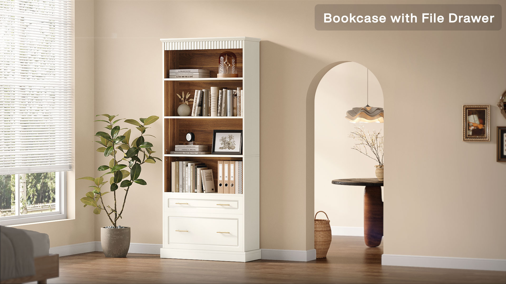 thumbnail video image 2 of Finmind 5-Shelf Bookcase with File Storage Drawer, 72" Tall White Bookshelf for Home Office, 2 of 7