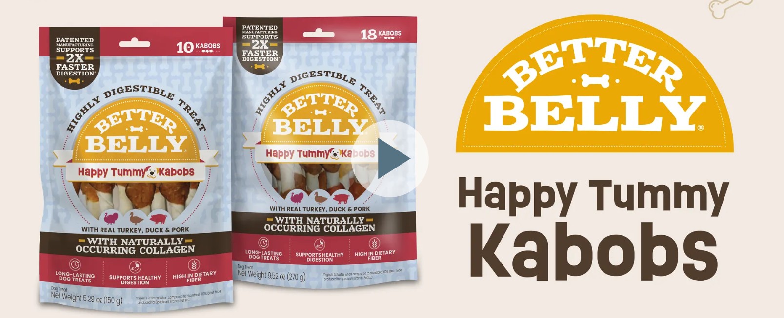 thumbnail video image 2 of Better Belly Happy Tummy Triple Flavor Kabob Chews for Adult Dogs with Sensitive Stomachs, 10 Count, 2 of 13
