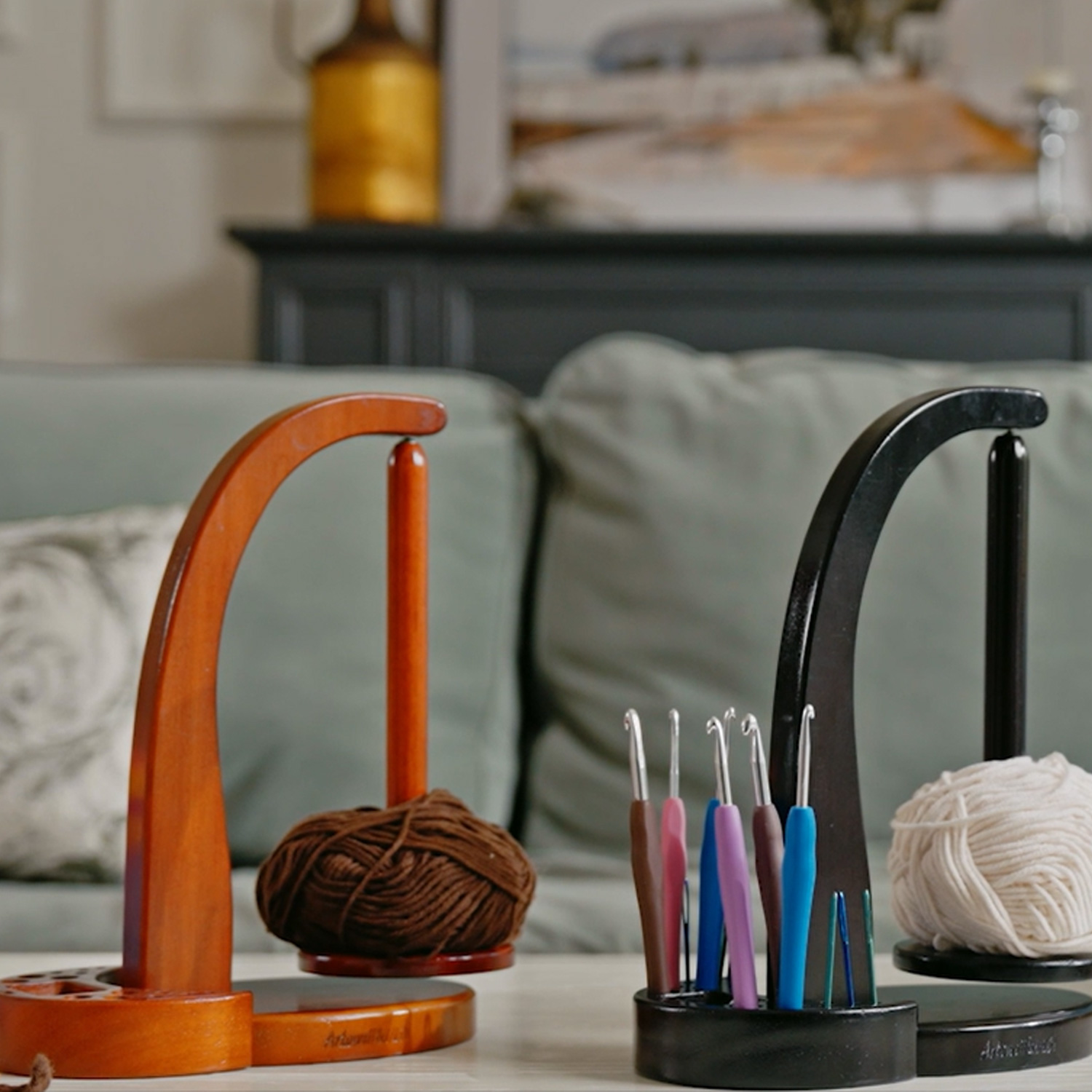 thumbnail video image 2 of Yarn Holder Magnetic  with Tool Organizer – Walnut Yarn Holder for Crochet and Knitting by Artowell, 2 of 8