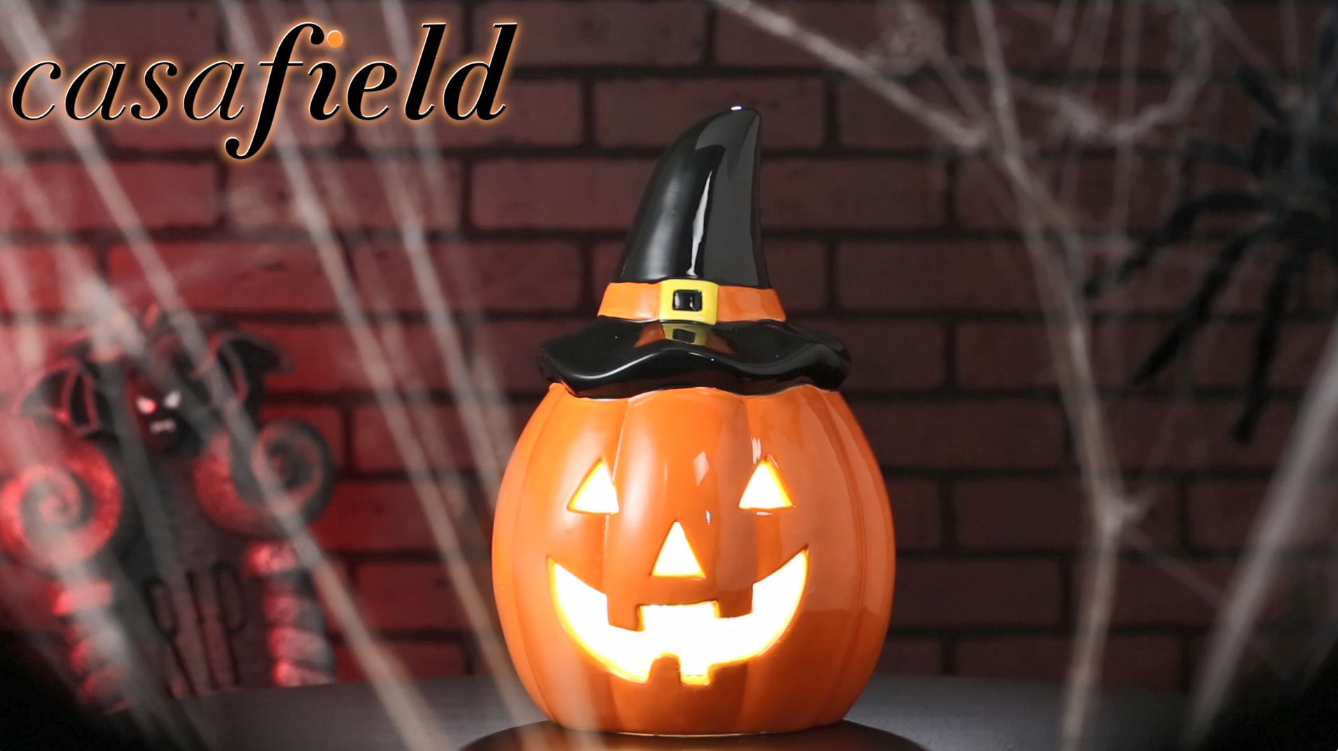 thumbnail video image 2 of Pre-Lit Ceramic Halloween Jack-o-Lantern Hand-Painted Tabletop Decor, 2 of 7