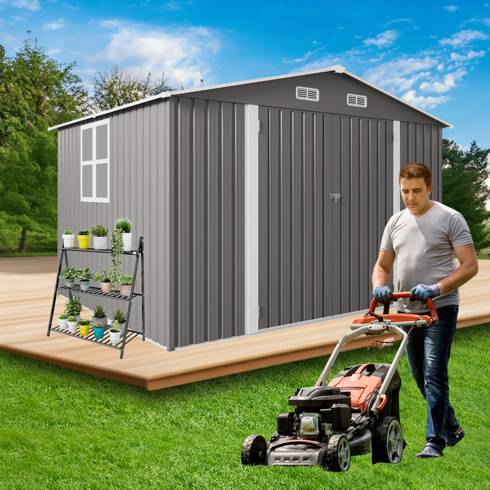 thumbnail video image 2 of 10x8 FT Outdoor Metal Storage Shed with Lockable Double Doors, Clear Window & Air Vent, Large Garden Tool Shed for Lawn Mowers, Bikes, Patio Furniture, Trash Bins, Backyard, Gray, 2 of 20