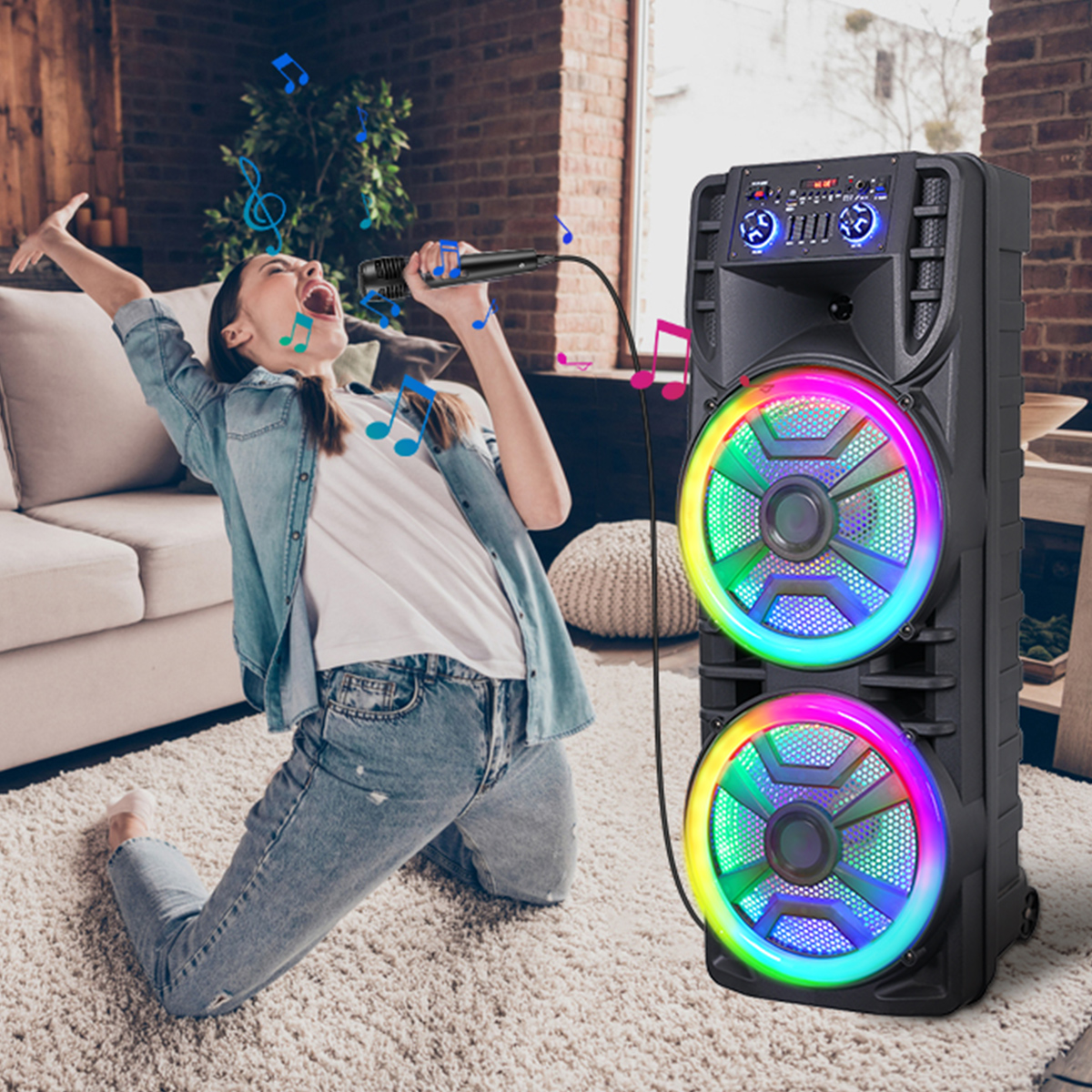 thumbnail video image 2 of RIDWIND 8000W Peak Power Dual 12" Woofers Portable Bluetooth Speaker Indoor & Outdoor Loud Heavy Bass Sound System With Microphone RGB Party Lights Remote Control Support TWS/USB/FM/AUX/TF, 2 of 10