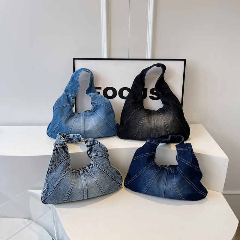 thumbnail video image 2 of SPEKSEE Vintage Washed Denim Hobo Shoulder Bag for Women, Stitched Spliced Denim Dumpling Hobo Bag, Zip Top Casual Underarm Handbag, Large Capacity Daily Fashion Tote Purse, 2 of 8