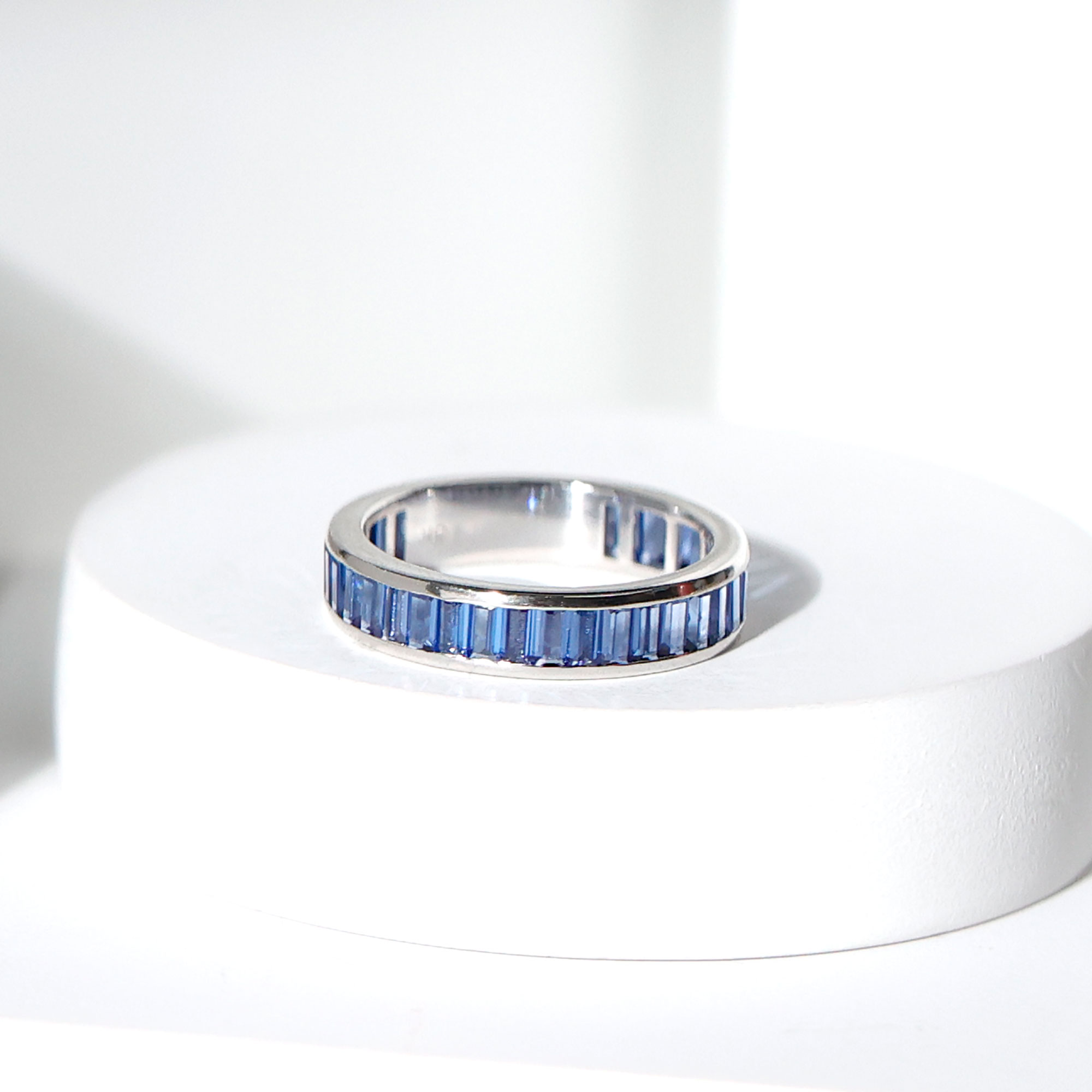 thumbnail video image 2 of Rosec Jewels Baguette Shape Lab Created Blue Sapphire Half Eternity Ring (AAAA Grade), 18K Yellow Gold, US 4.00, 2 of 7