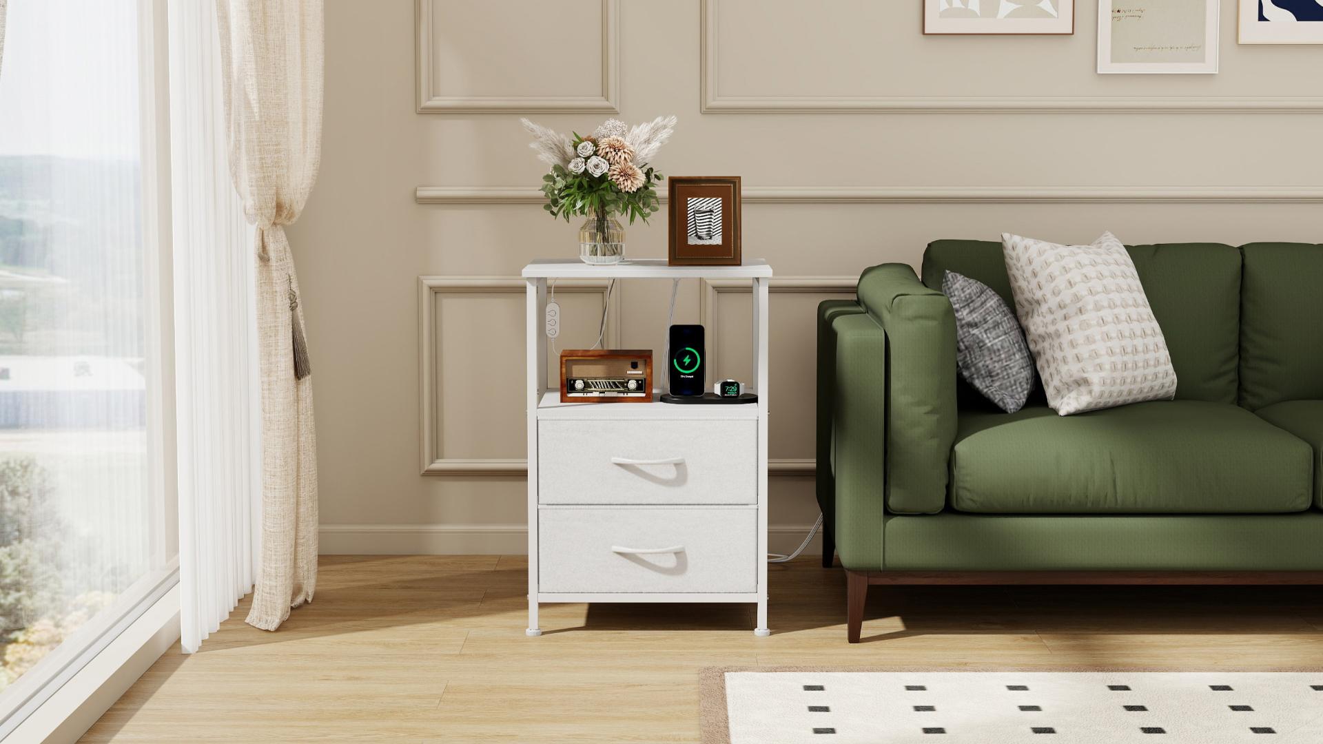 thumbnail video image 2 of Eunos 2 Drawer White Small Nightstand with Charging Station, LED and Open Shelf for Bedroom, 2 of 9