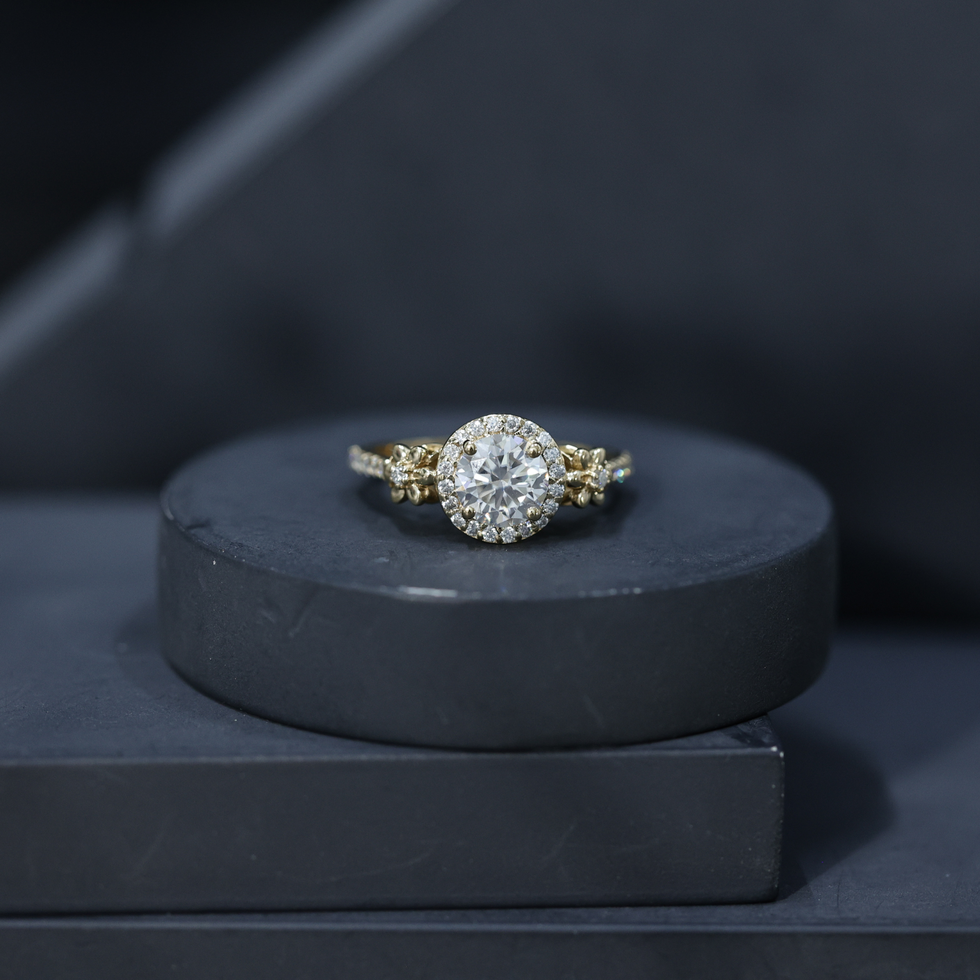 thumbnail video image 2 of Designer Moissanite Engagement Ring with Side Stones (D-VS1 Quality, Rosec Jewels), 18K Yellow Gold, US 3.50, 2 of 9