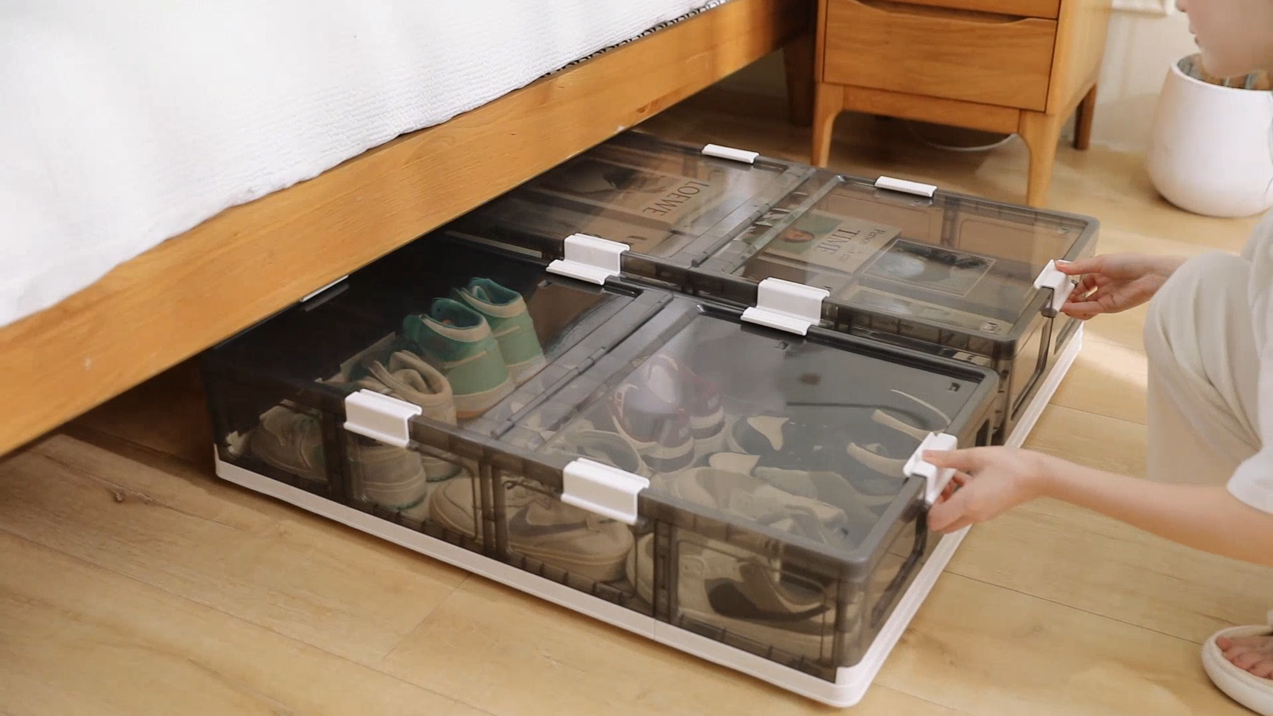 thumbnail video image 2 of 2-Pack Under Bed Storage Containers with Wheels - Stackable, Foldable Plastic Storage Boxes with Lids for Clothes, Shoes, Blankets - Perfect for Bedroom Organization and Dorms(32.9''x16.1''x7.3''), 2 of 8