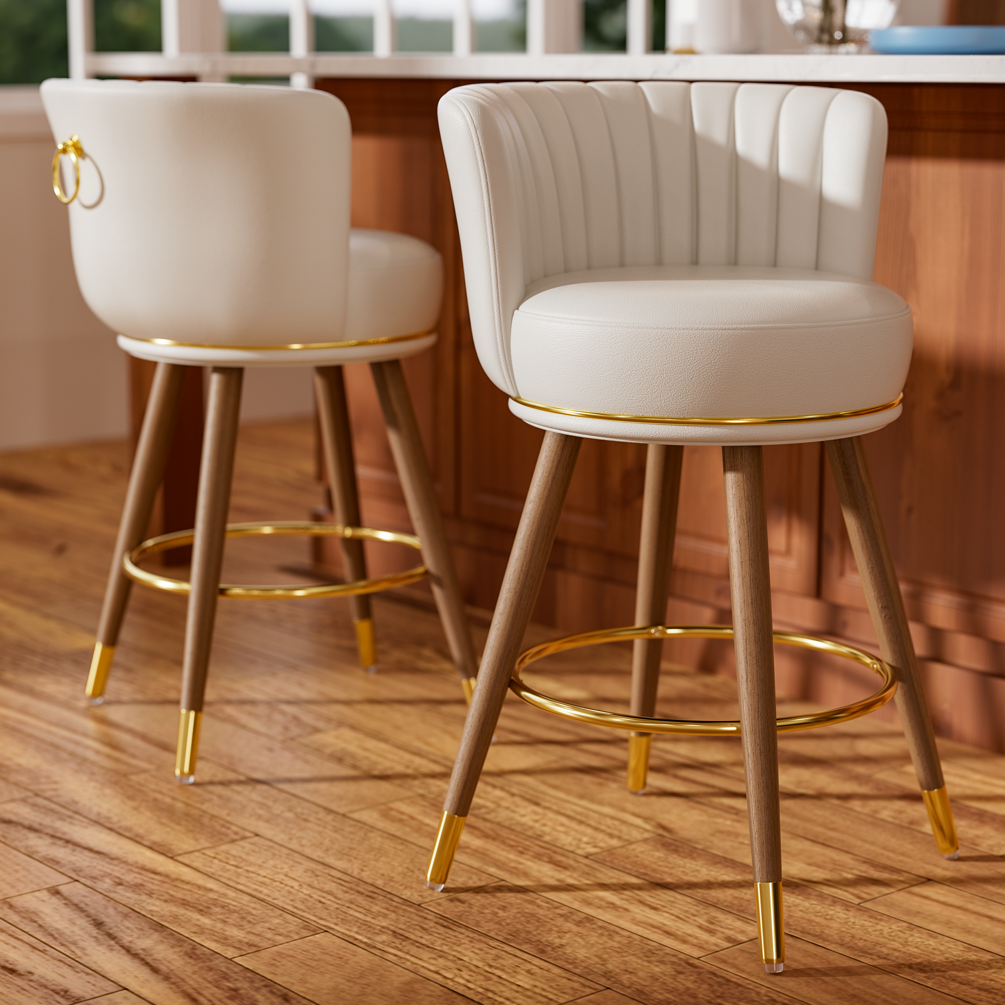 thumbnail video image 2 of iooHug 26" Swivel Gray Counter Height Bar Stools Set of 4, PU Leather Kitchen Island Stools with Wood Legs and Footrest, Bar Stools for Kitchen Island,Dinging Room, 2 of 6