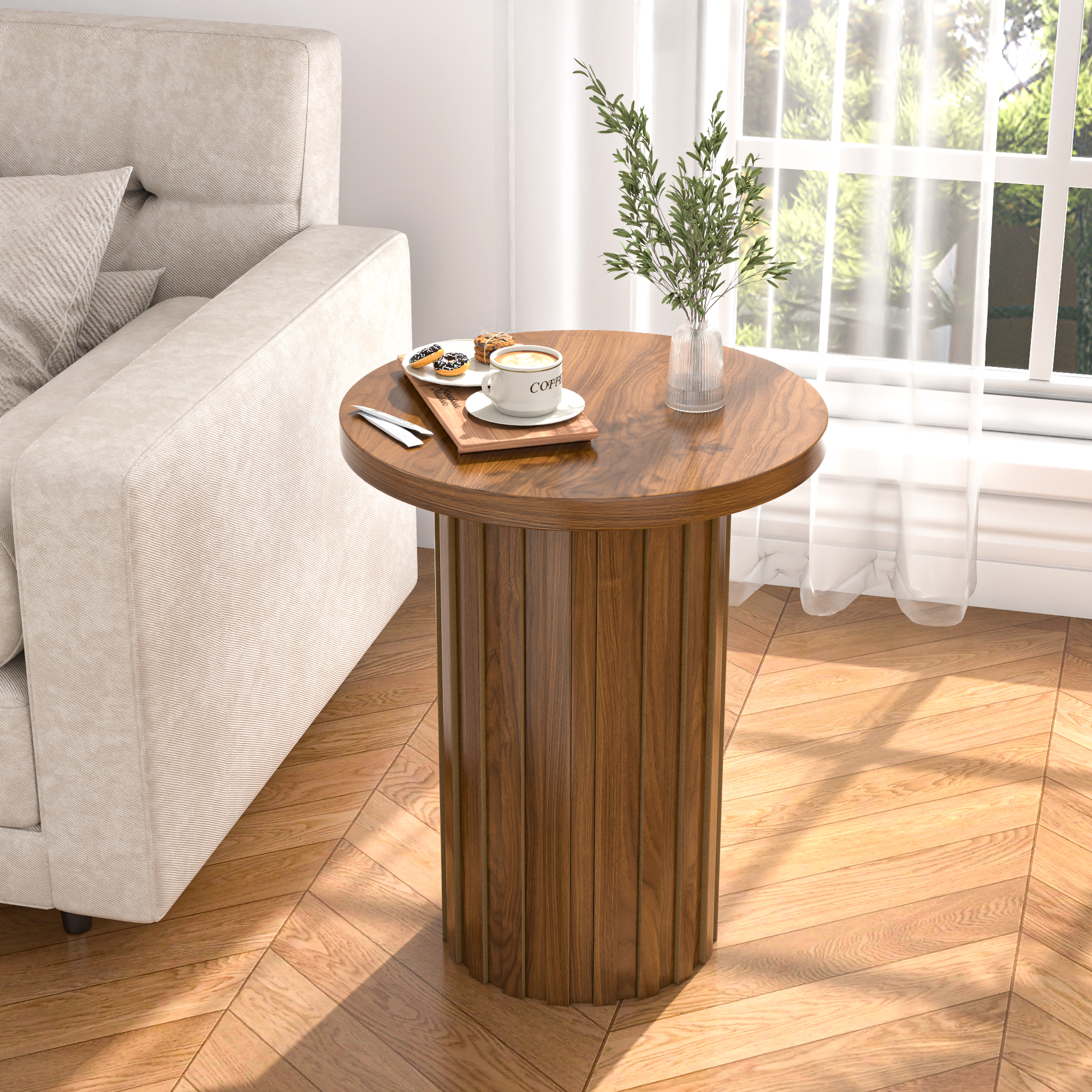 thumbnail video image 2 of Round Side End Table 22" Tall Fluted Small End Table for Small Spaces, Modern Farmhouse Wooden Accent Table Small Drink Table for Living Room Bedroom(Walnut), 2 of 10