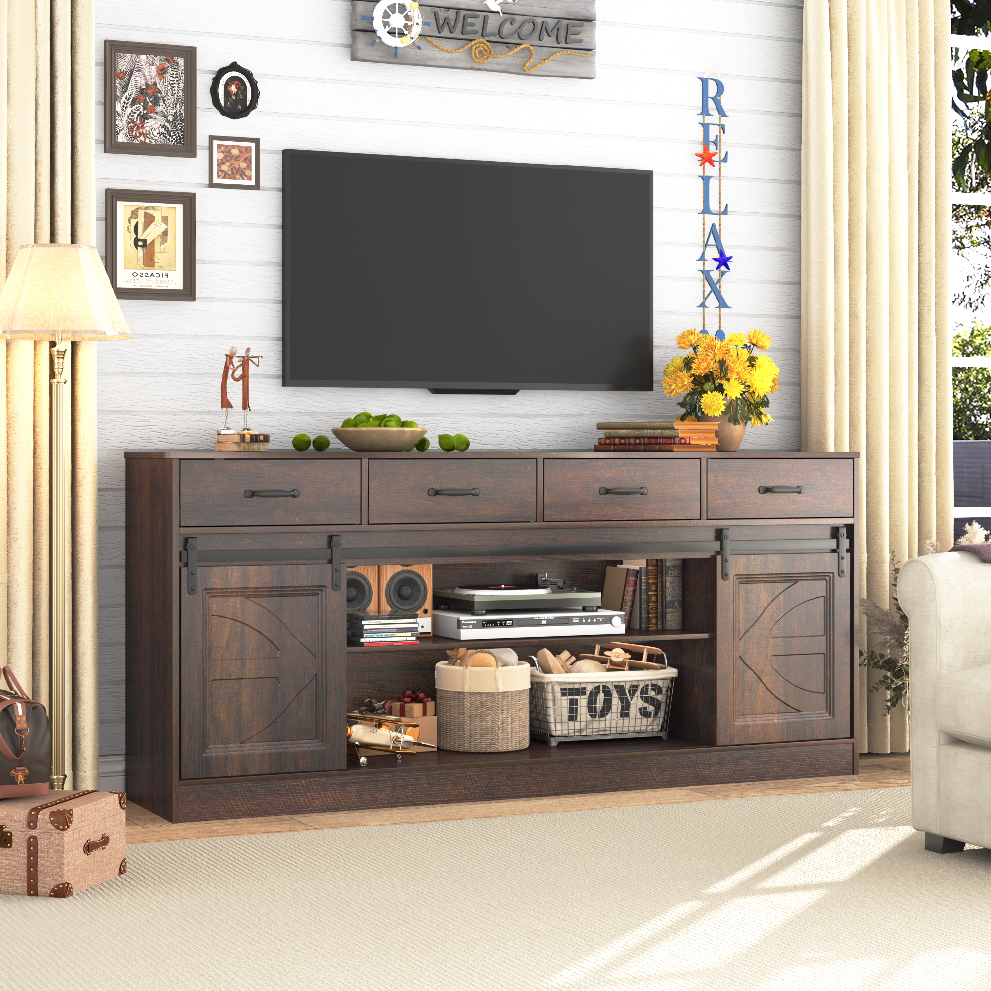 thumbnail video image 2 of Farmhouse Buffet Cabinet, 70” Large Sideboard Cabinet with 3 Drawer, Rustic Storage Cabinets with Sliding Barn Door, Coffee Bar for Dinning Room, Kitchen, Hallway, and Living Room, Brown, 2 of 9