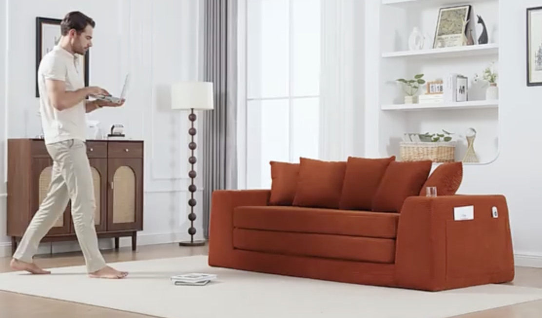 thumbnail video image 2 of Eyisean 82'' Futon Boneless Couch Lounge Loveseat with Pull-Out Bed, 2 in 1 Convertible Sofa Bed, Corduroy Folding Floor Mattress Couch for Living Room/Apartment, No Assembly Required, 2 of 11