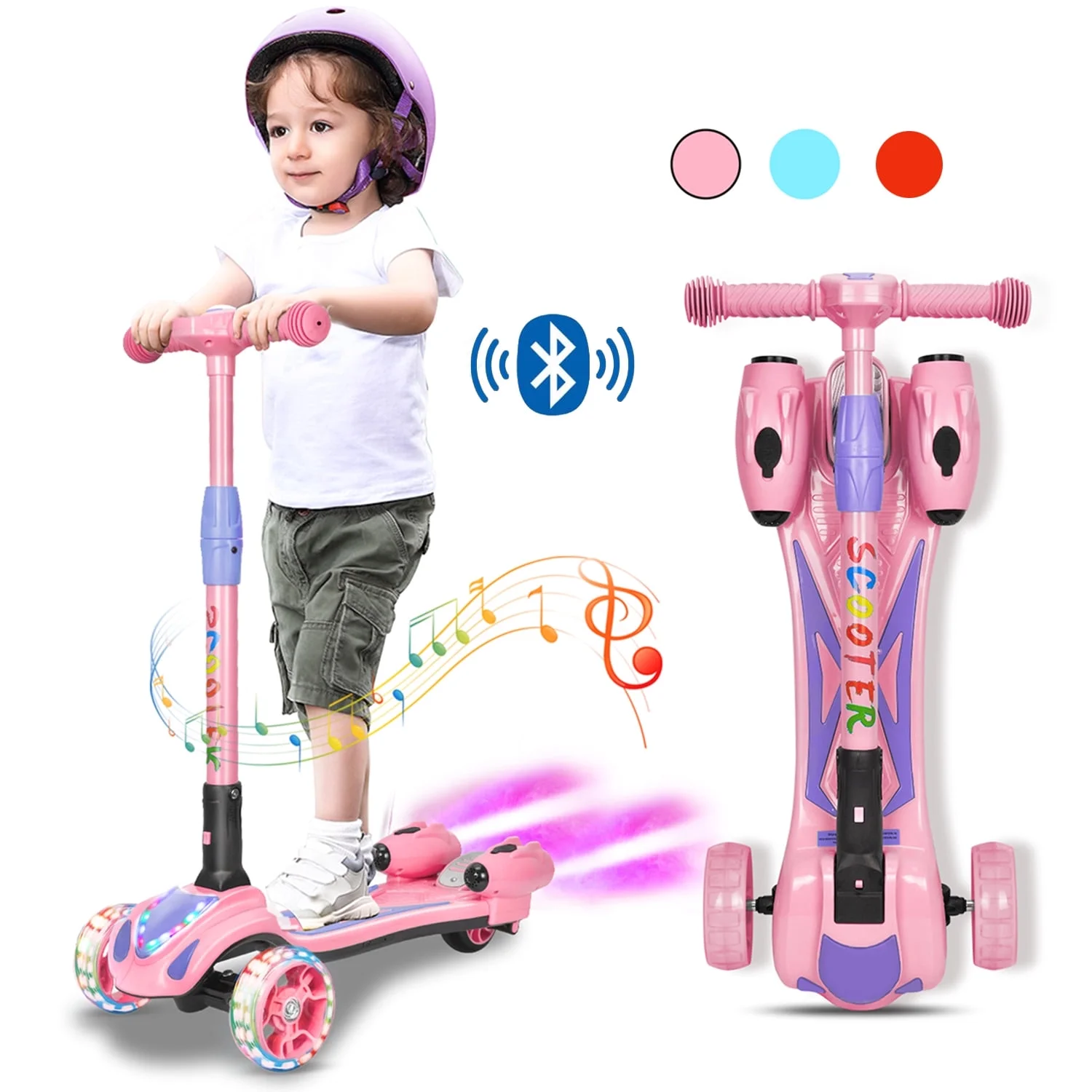 thumbnail video image 2 of 3 Wheel Scooter Kick Scooter for kids with Bluetooth Music Rocket Steam Sprayer Adjustable Height Light Up for Boys Girls Ages 3-10, 2 of 10