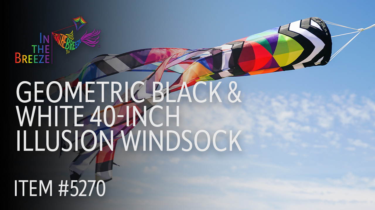 thumbnail video image 2 of In the Breeze 5270 — Geometric Black & White 40-inch Illusion Windsock — Abstract Decor, Embroidered Details, Fully Printed Tails, 2 of 6