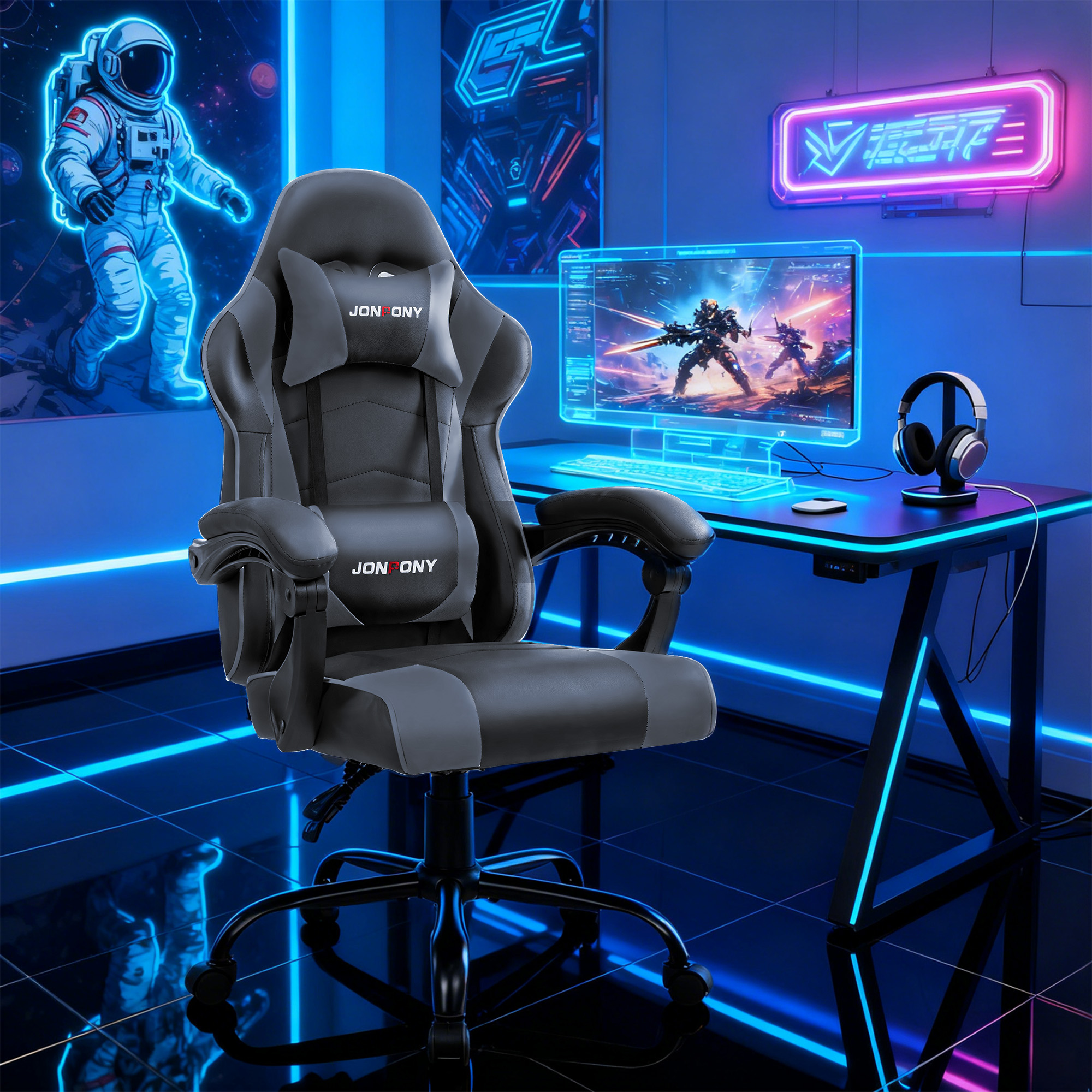thumbnail video image 2 of JONPONY Ergonomic Gaming Chairs,Office Chair,High Back Computer Chair,Adjustable 360° Swivel  Chair with Headrest and Lumbar Support ,BLACK GREY, 2 of 10