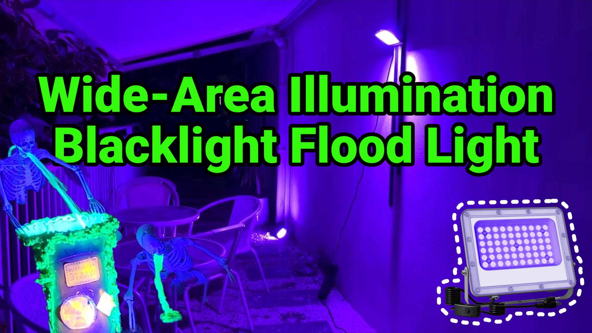 thumbnail video image 2 of Yinghao 4 pack 50W Blacklight Flood Lights Wired 120V IP66 Waterproof UV Led Black Lights for Fluorescent Decor, 3D Resin Prints, Uranium Glass,  Poster, 2 of 9