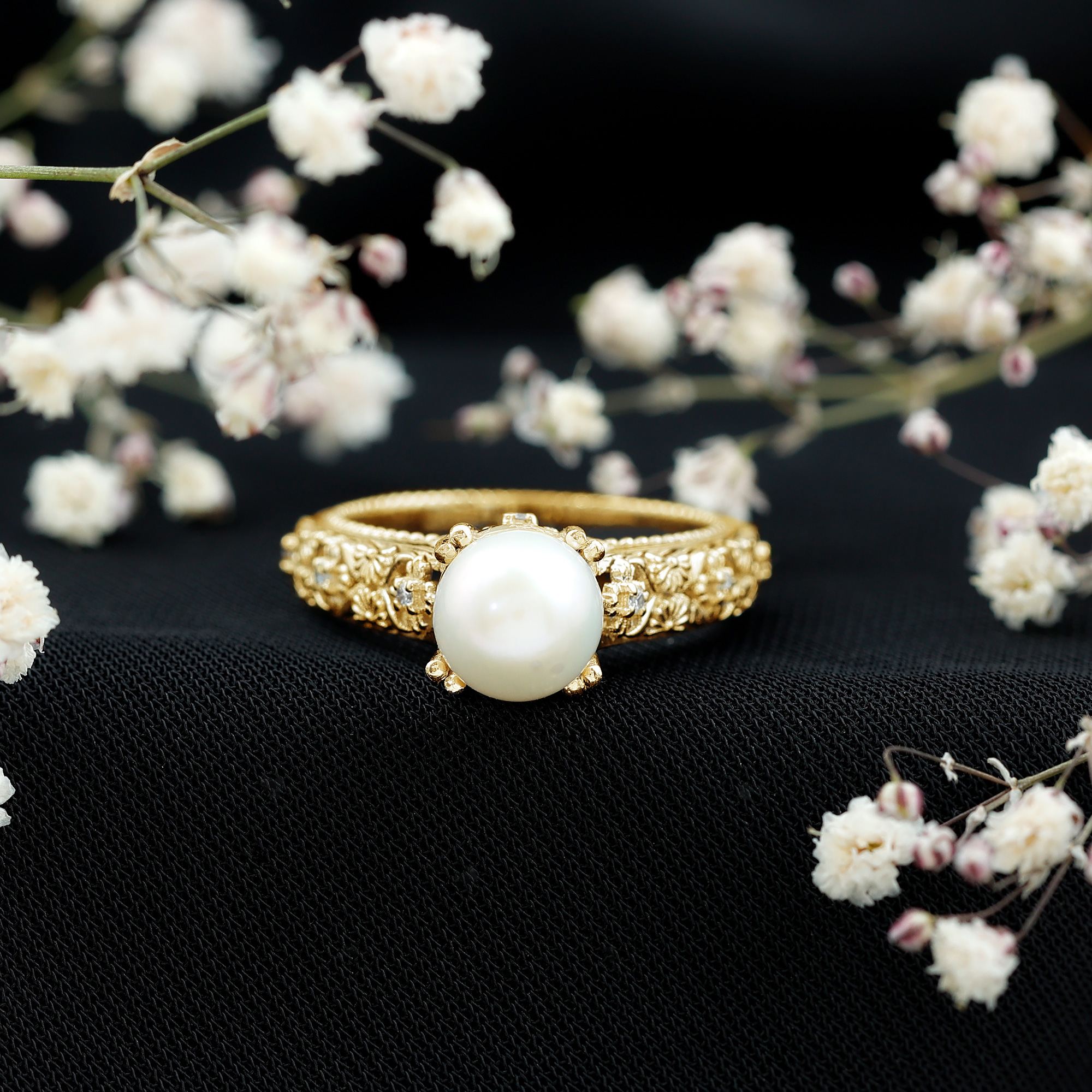 thumbnail video image 2 of Rosec Jewels Genuine Freshwater Pearl Diamond Engagement Ring 7 Carat - Nature Inspired Ring - AAA Quality - With Jewelry Box, 10K Yellow Gold, US 4.50, 2 of 8