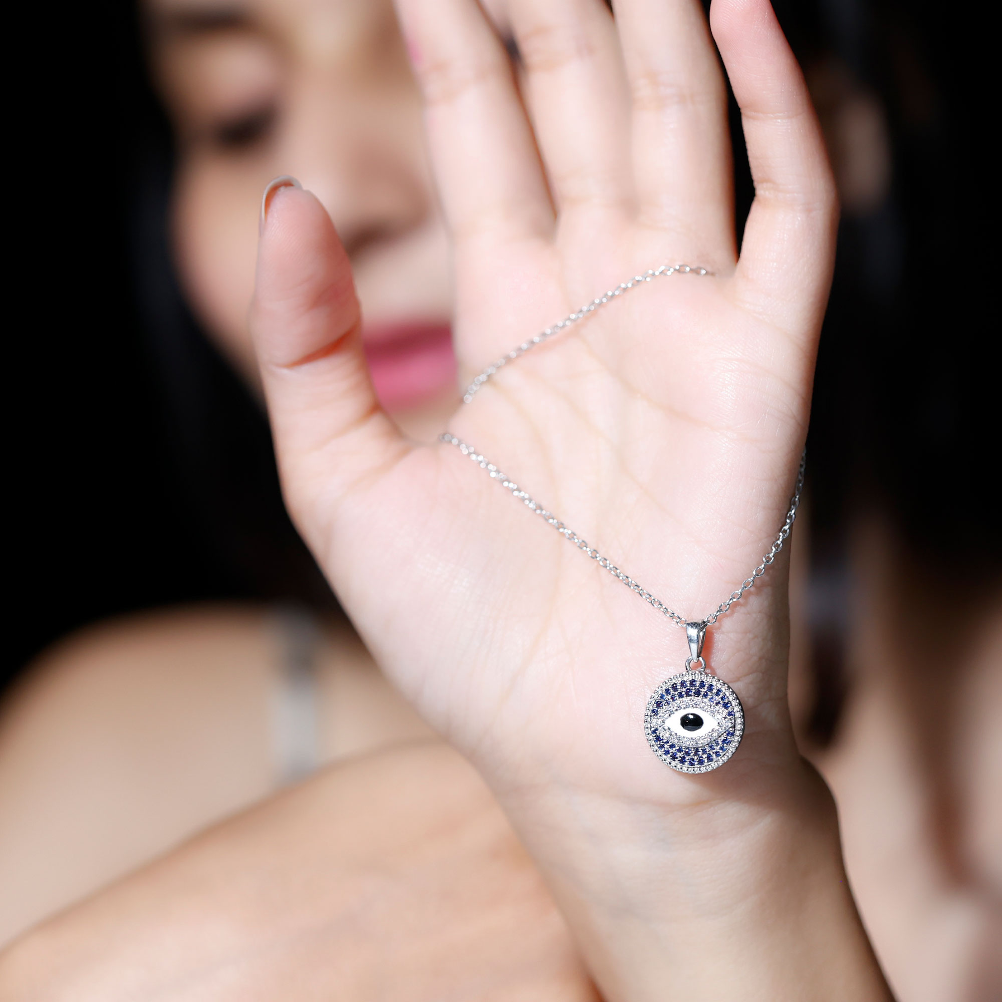 thumbnail video image 2 of Rosec Jewels Evil Eye Pendant Necklace with Chain, Lab Grown Blue Sapphire and Moissanite Pendant, 18K White Gold, 2 of 8