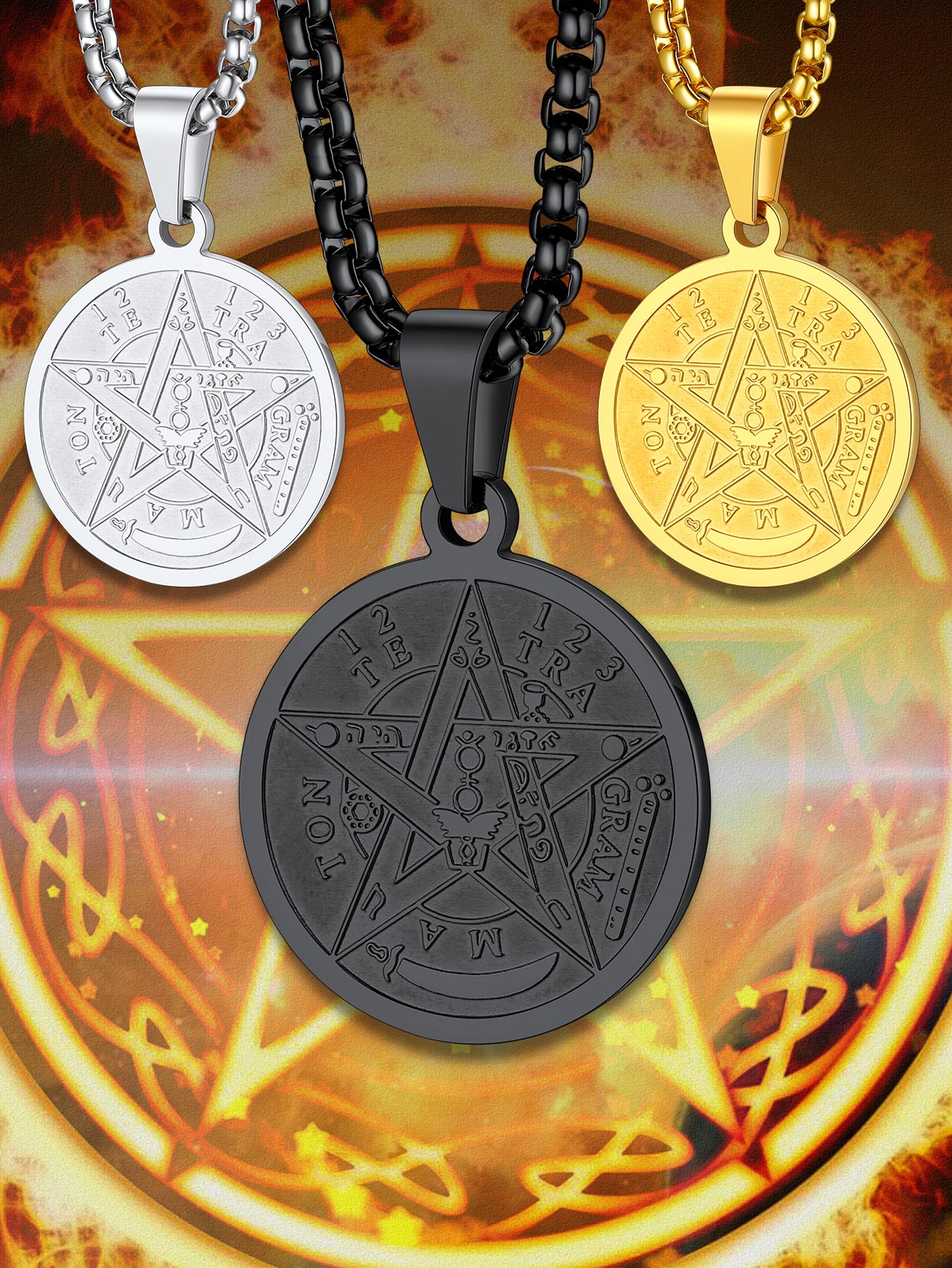 thumbnail video image 2 of FaithHeart Tetragrammaton Pentacle Necklace for Men, Stainless Steel Eliphas Levi's Pentagram Protection Wicca Amulet Medal Pendant Jewelry Gift for Son Brother Friends Christmas Birthday, 2 of 8