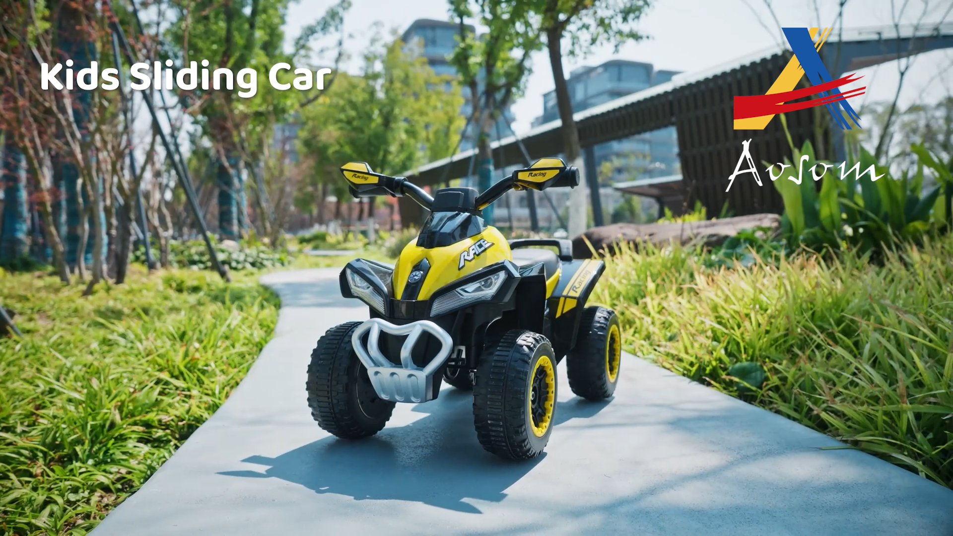 thumbnail video image 2 of Aosom NO Power Ride on Push Car for Kids 4 Wheels Foot-to-Floor Sliding Walking ATV Toy with Music and Light for 18-36 Months, Yellow, 2 of 10