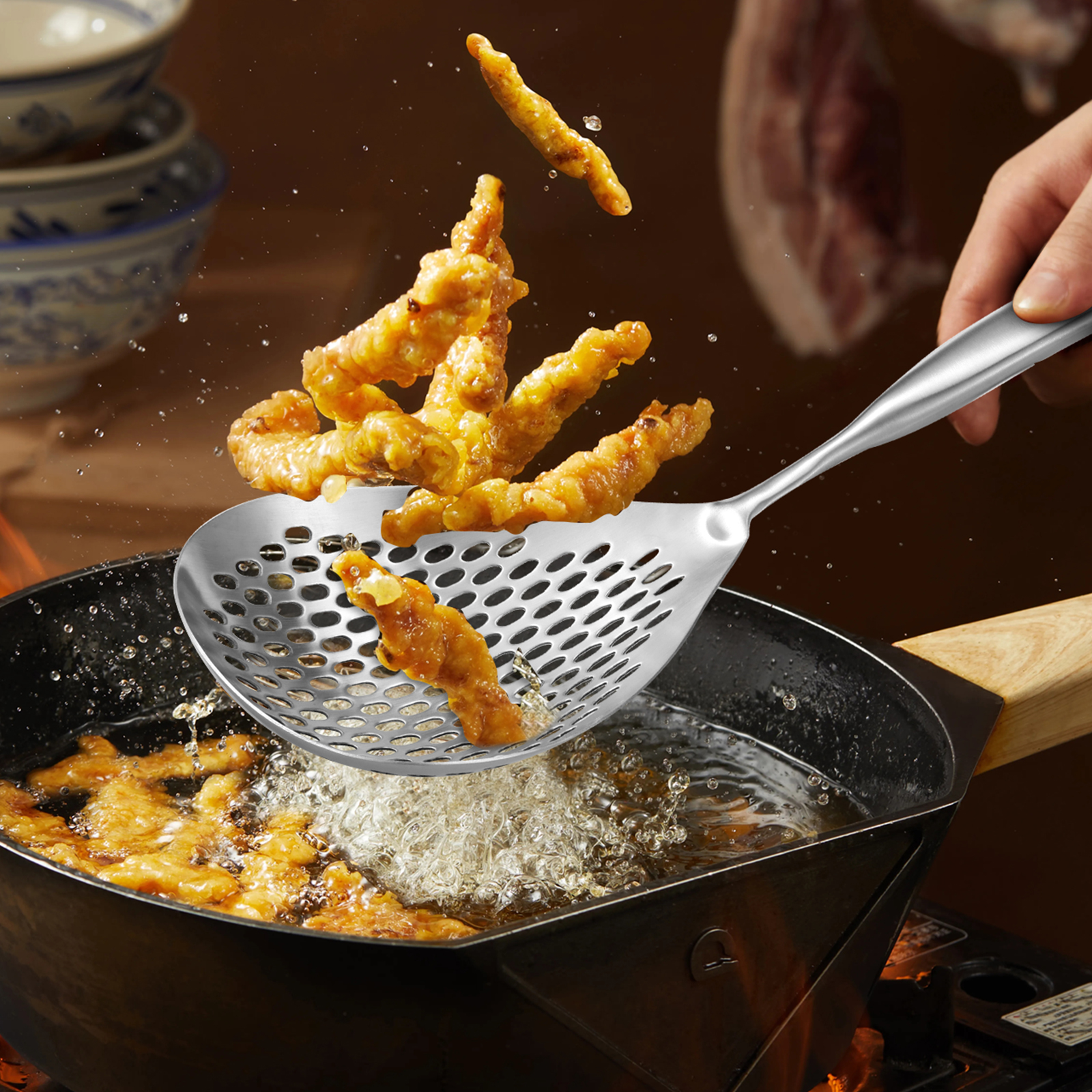 thumbnail video image 2 of Extra Large Slotted Spoon 304 Stainless Steel Skimmer Spoon with Long Handle Efficient Skimmer Ladle Multifunctional Strainer Spoon for Kitchen Frying Cooking Draining, 2 of 9