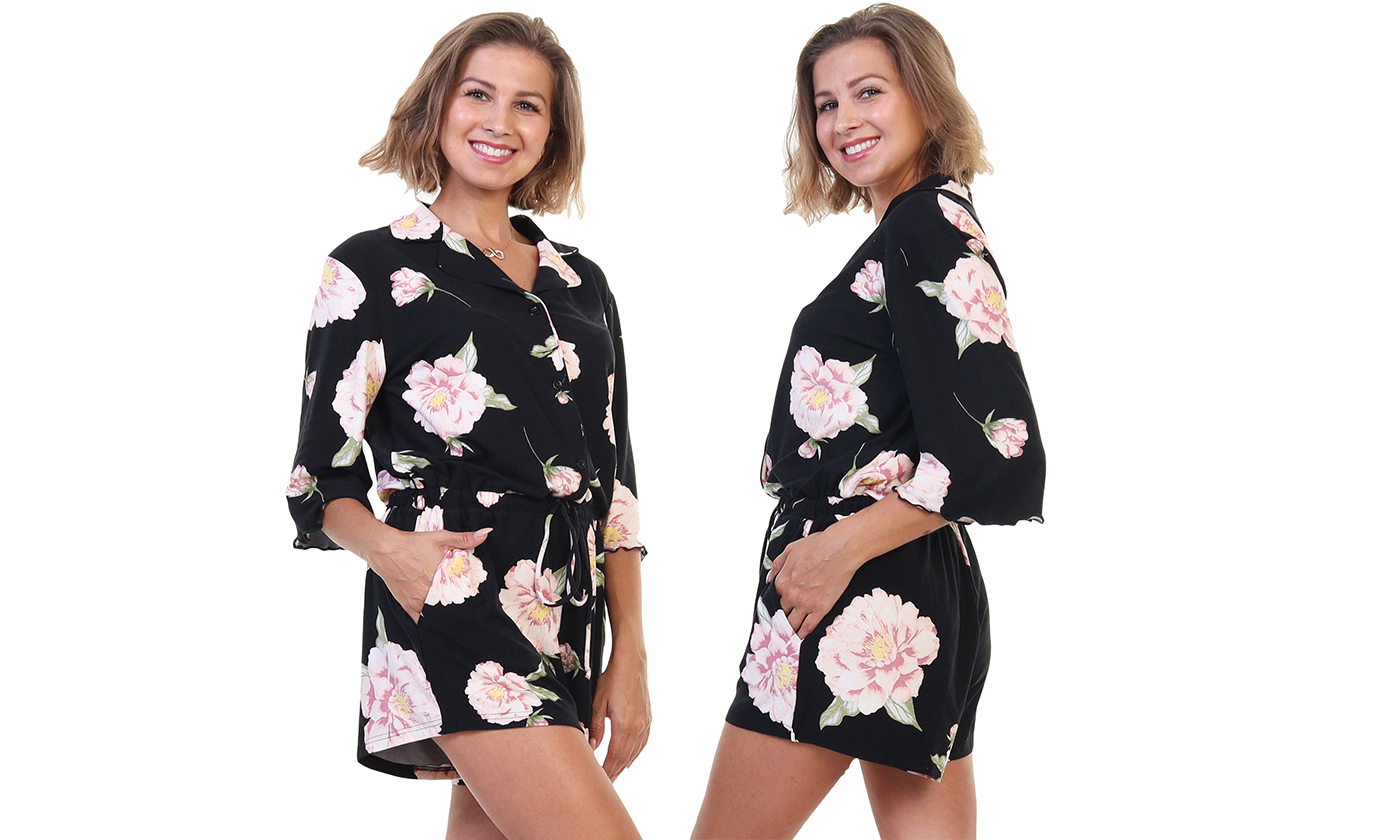 thumbnail video image 2 of Angelina Brushed Microfiber Short Sleeves Romper, 2 of 4